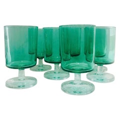 Vintage Set of 7 Mid-Century Modern French Crystal Wine Glasses in Emerald, 1960s