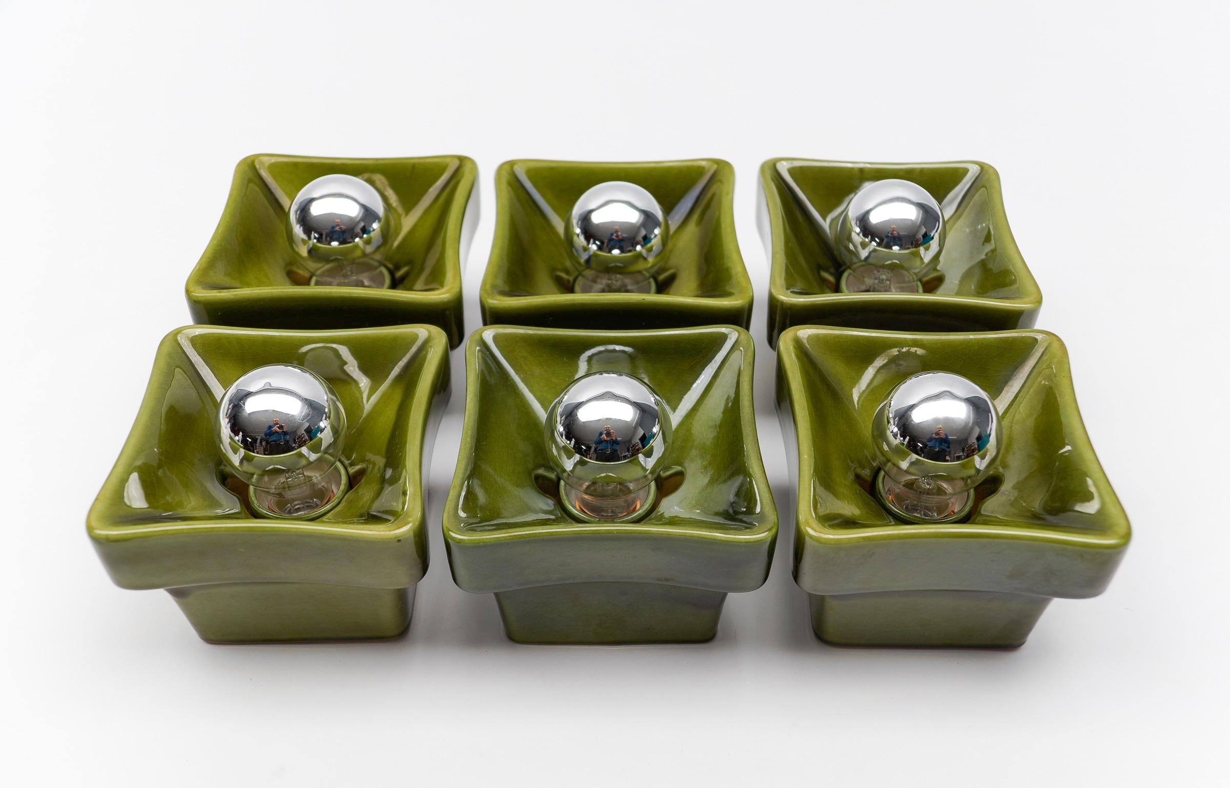 Set of 7 Mid-Century Modern Green Ceramic Wall Lights or Flush Mounts, Italy 60s For Sale 7