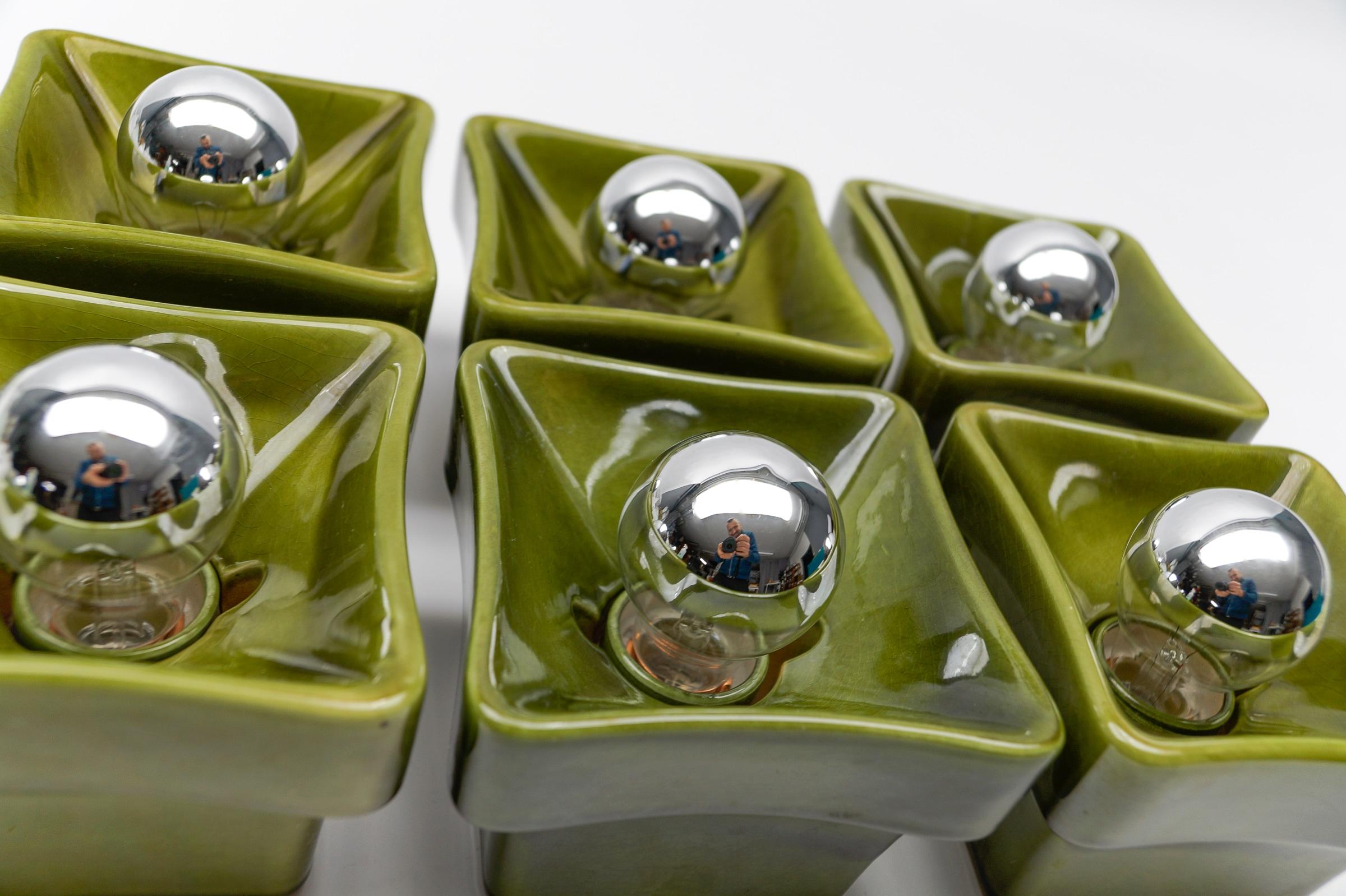Set of 7 Mid-Century Modern Green Ceramic Wall Lights or Flush Mounts, Italy 60s For Sale 10