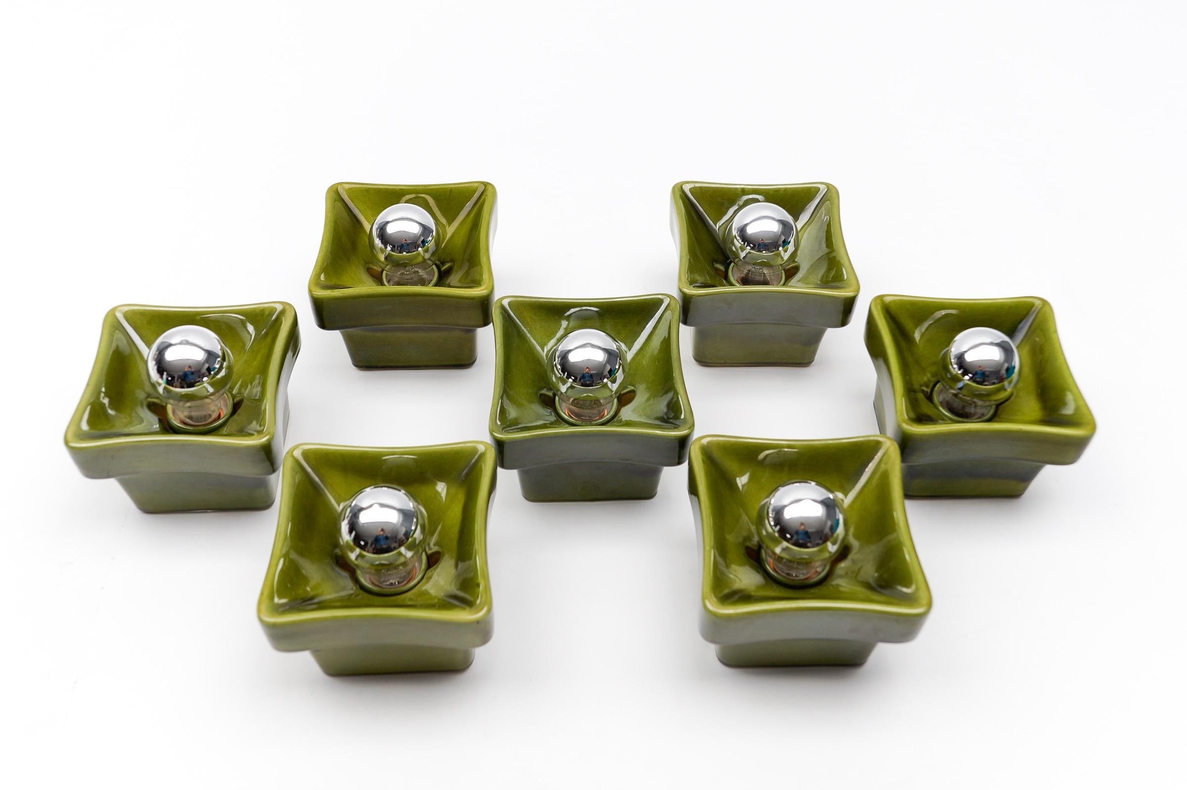 Space Age Set of 7 Mid-Century Modern Green Ceramic Wall Lights or Flush Mounts, Italy 60s For Sale