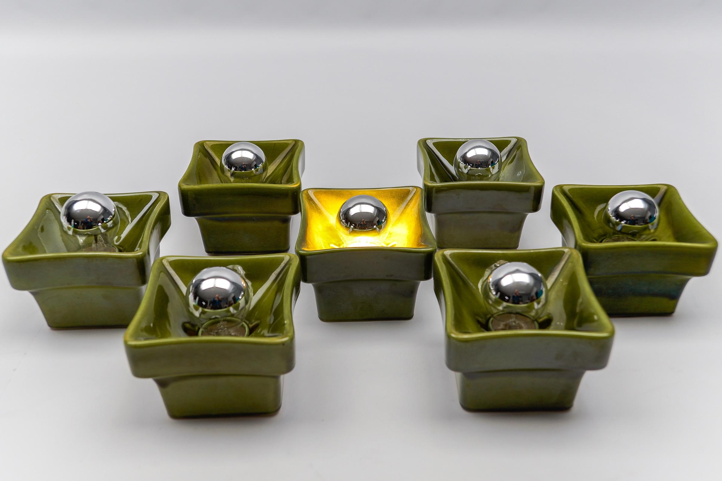 German Set of 7 Mid-Century Modern Green Ceramic Wall Lights or Flush Mounts, Italy 60s For Sale