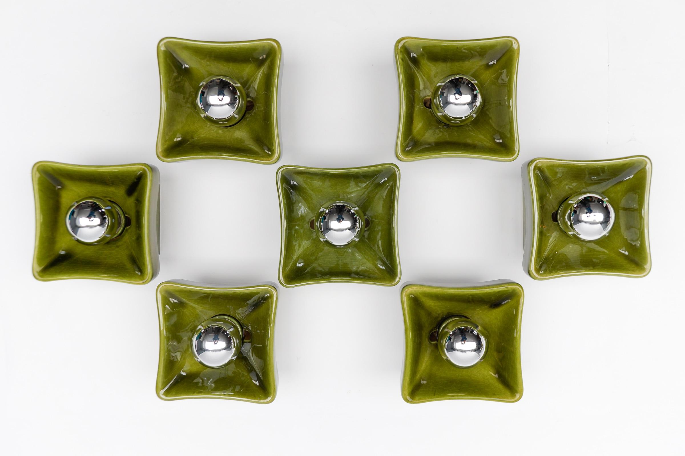 Mid-20th Century Set of 7 Mid-Century Modern Green Ceramic Wall Lights or Flush Mounts, Italy 60s For Sale