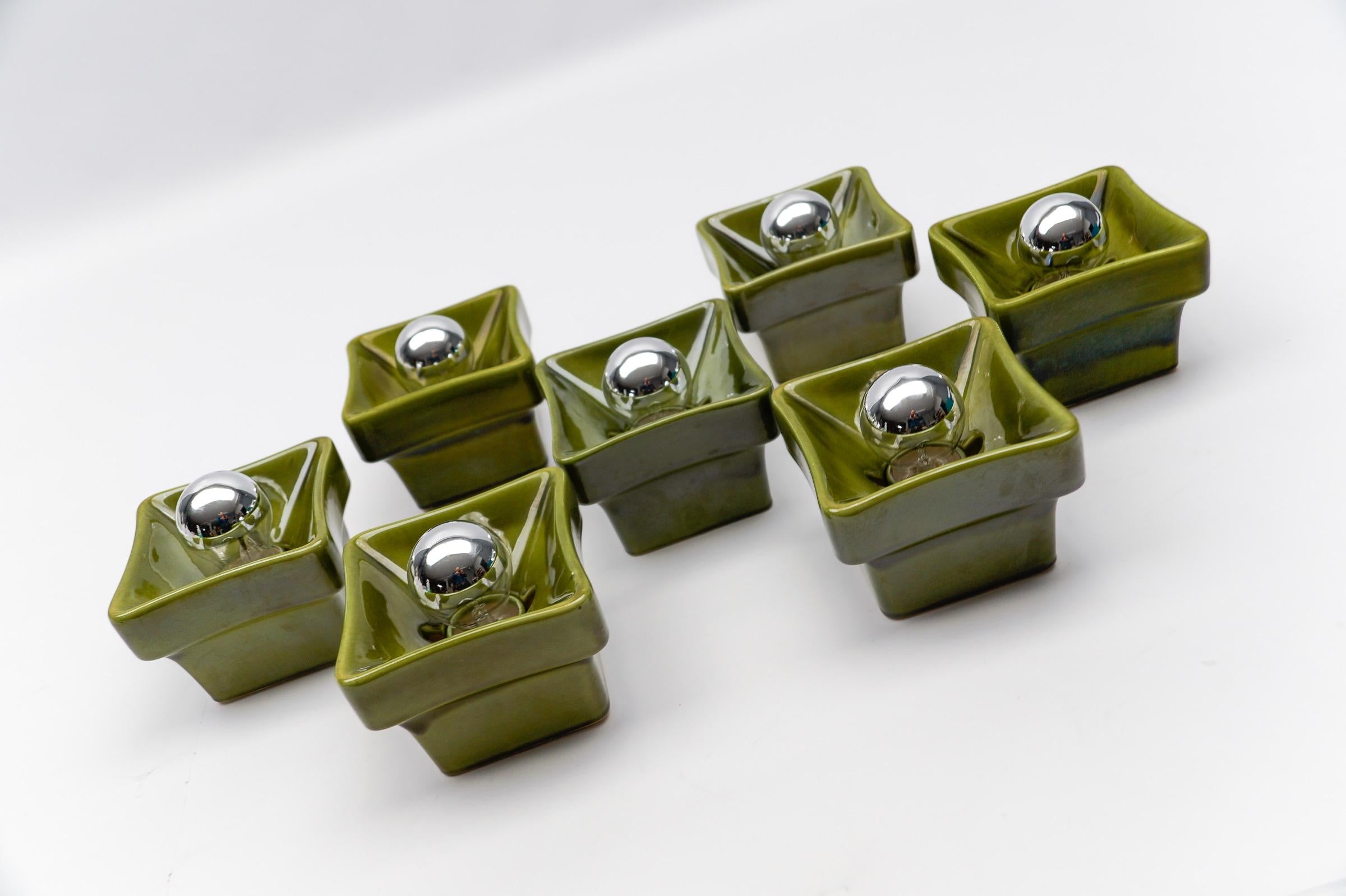 Metal Set of 7 Mid-Century Modern Green Ceramic Wall Lights or Flush Mounts, Italy 60s For Sale