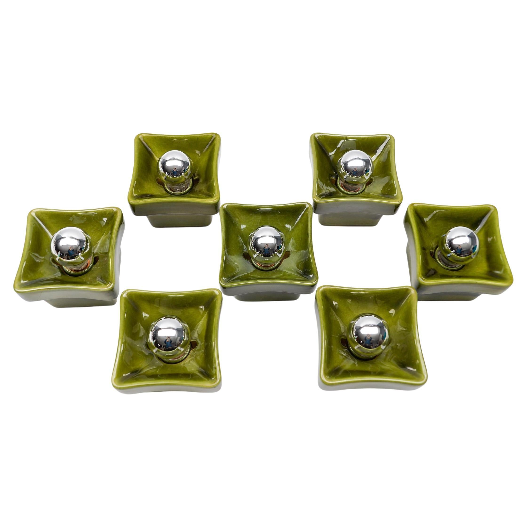Set of 7 Mid-Century Modern Green Ceramic Wall Lights or Flush Mounts, Italy 60s For Sale