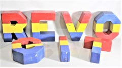 Set of 7 Mid-Century Era Painted Wood Carnival Folk Art Sign Box Letters