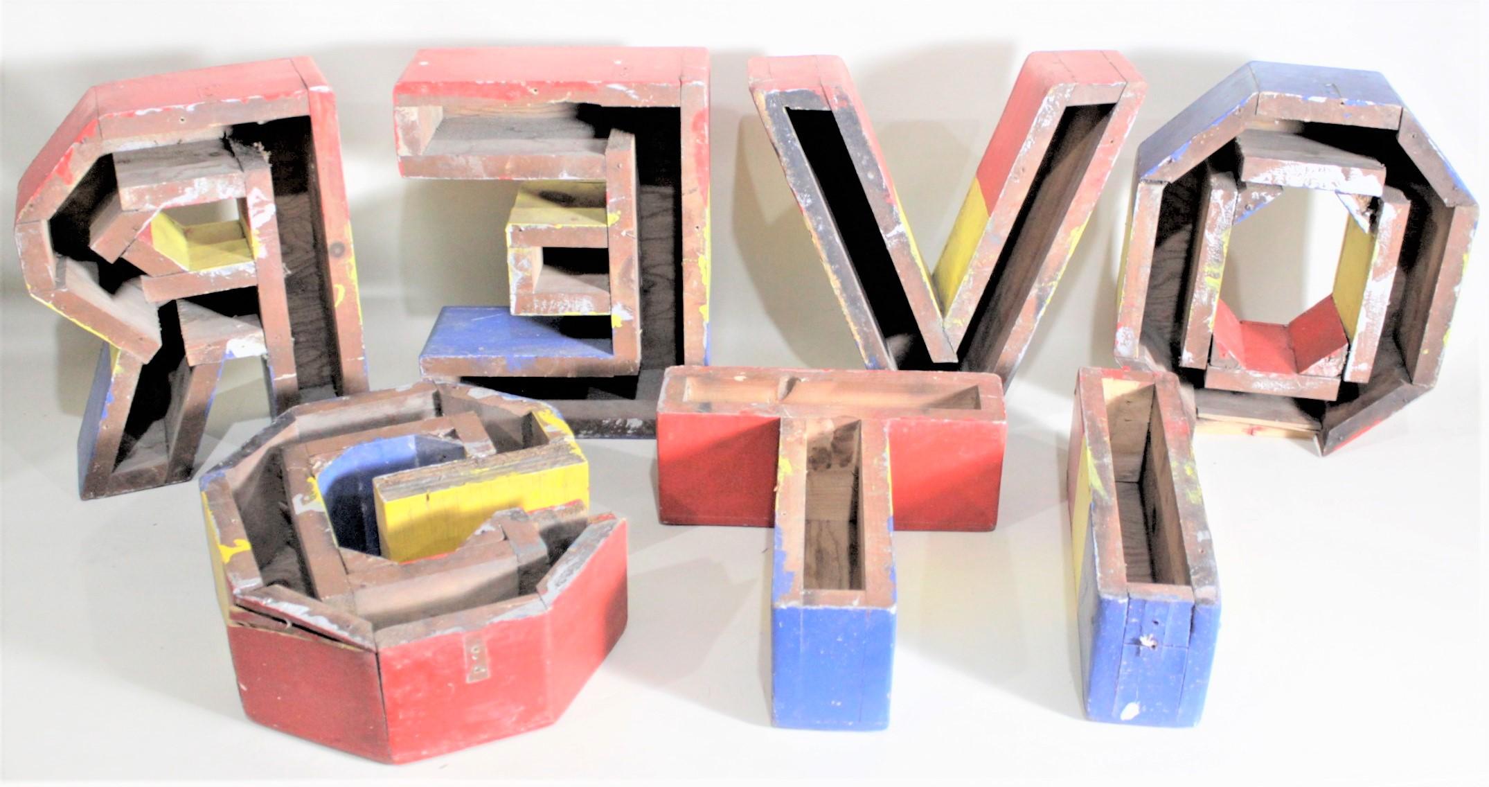 20th Century Set of 7 Mid-Century Era Painted Wood Carnival Folk Art Sign Box Letters For Sale