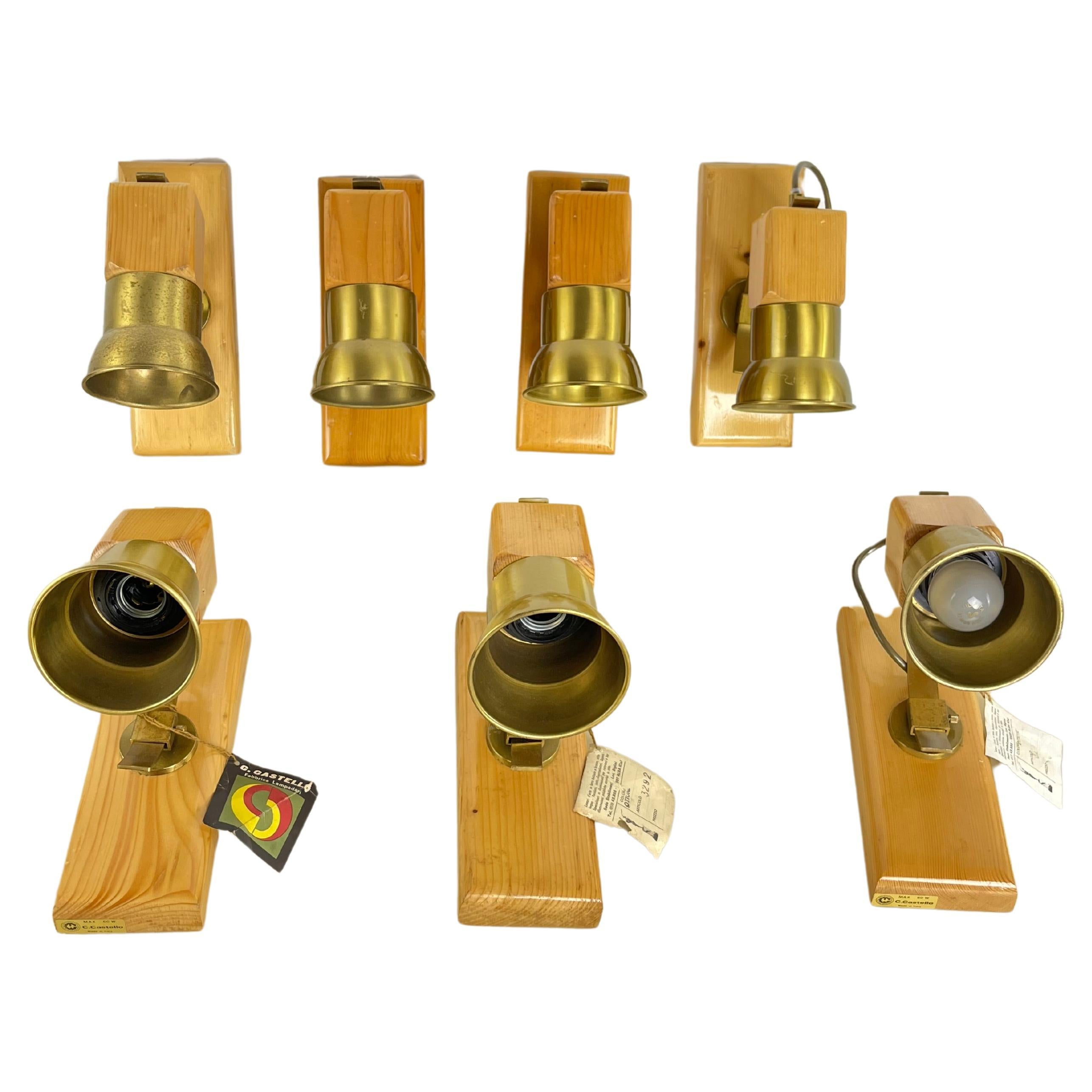 Set Of 7 Mid-Century Wood And Brass Wall Lamps Italian Design 1960s For Sale