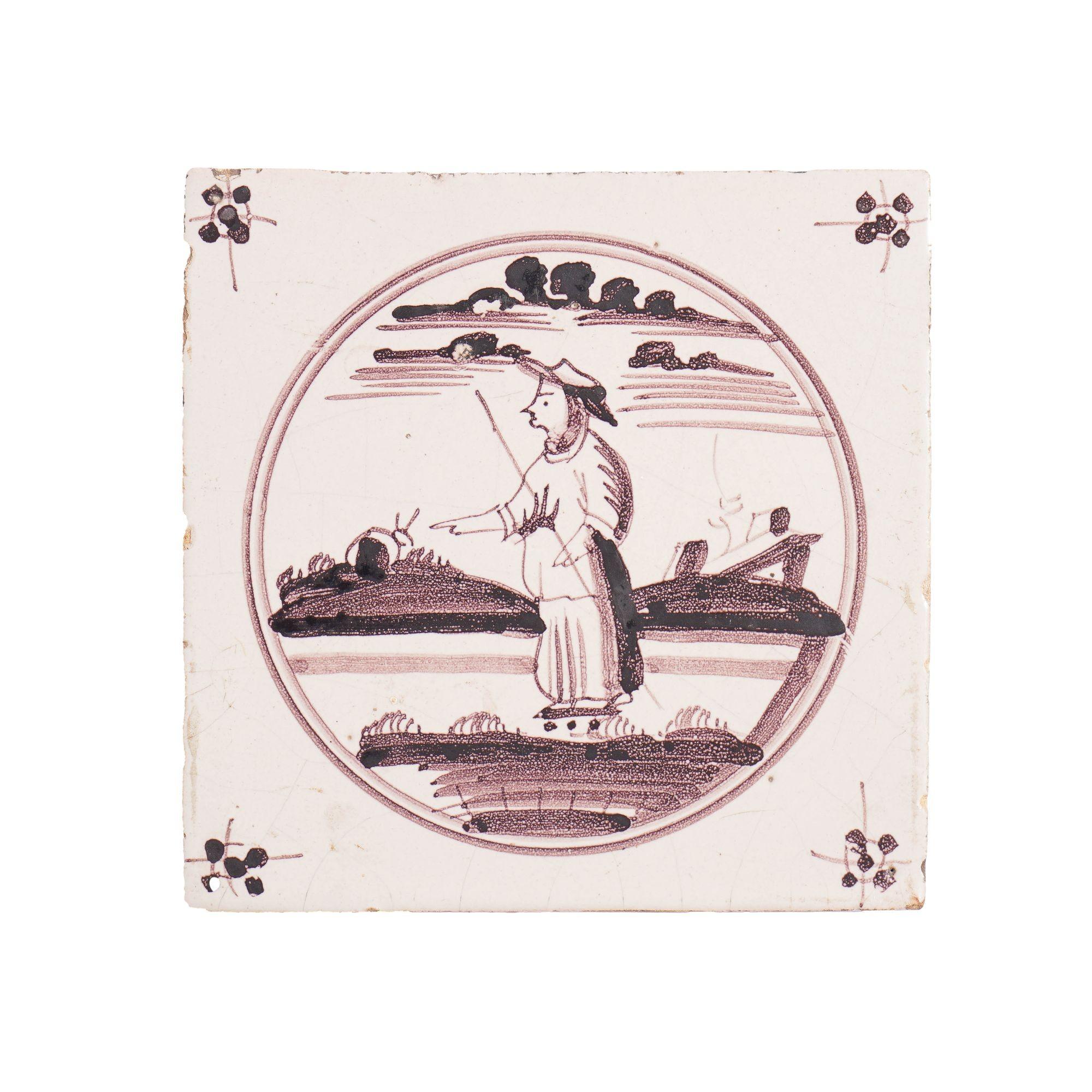 Set of 7 mulberry decorated figural Delft faience tiles, c. 1680-1700 For Sale 5