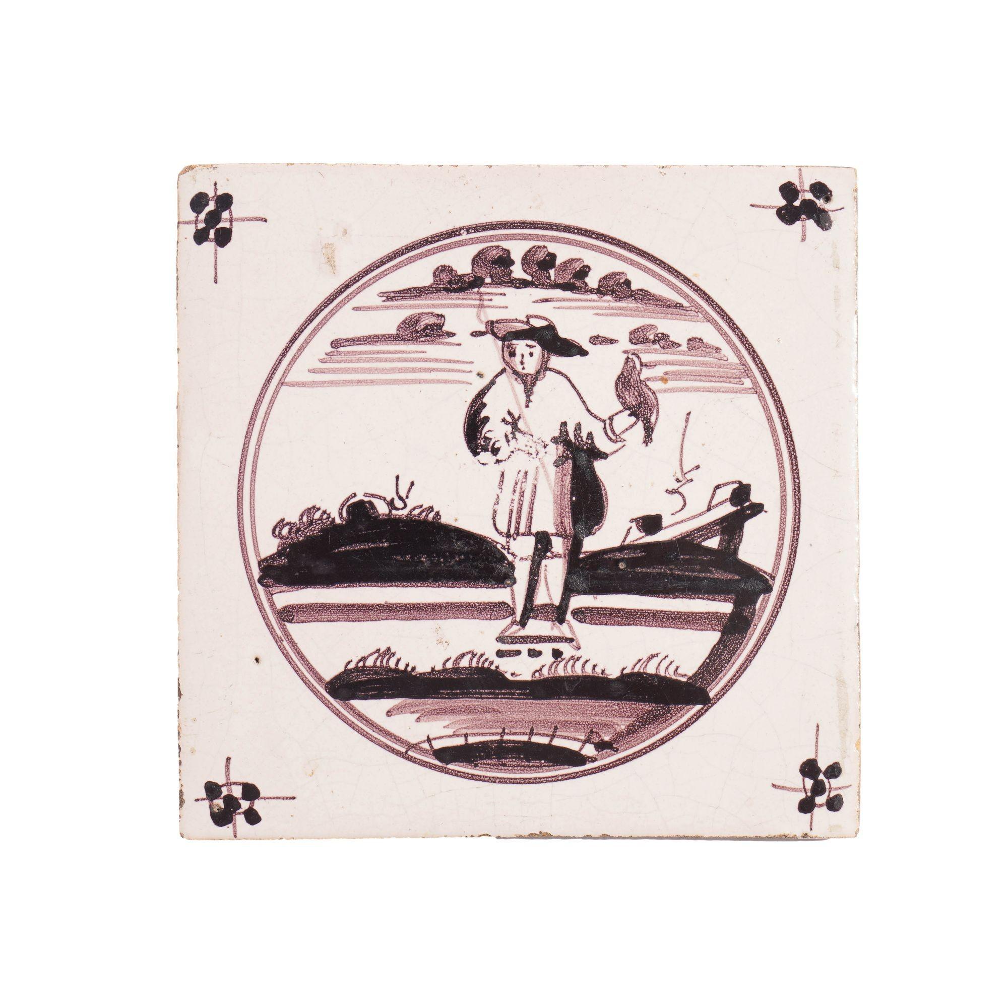 Set of 7 mulberry decorated figural Delft faience tiles, c. 1680-1700 For Sale 7