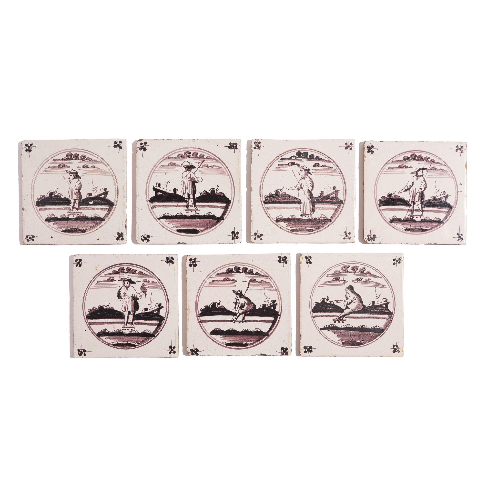 Set of 7 mulberry figural Delft faience tiles with spider corner decorations. The decoration on the tiles are clearly by the same hand.
Holland, circa 1680-1700.

Dimensions: 5