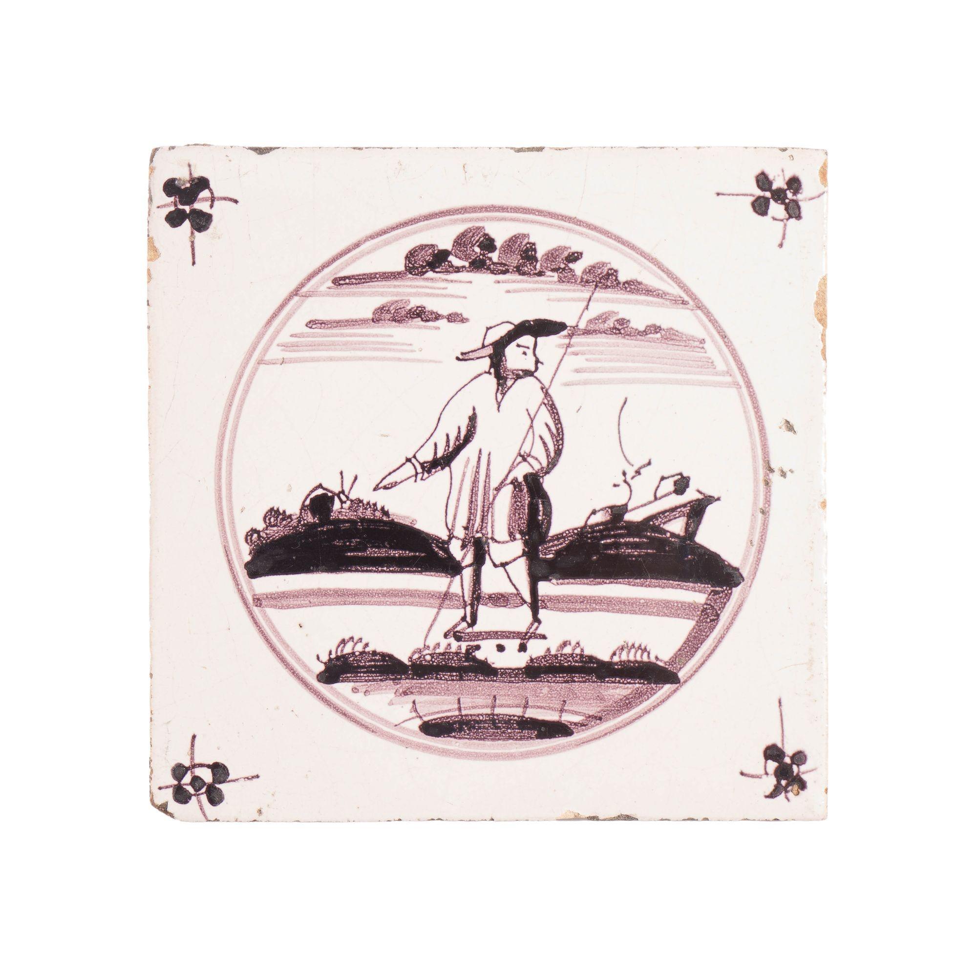 18th Century and Earlier Set of 7 mulberry decorated figural Delft faience tiles, c. 1680-1700 For Sale