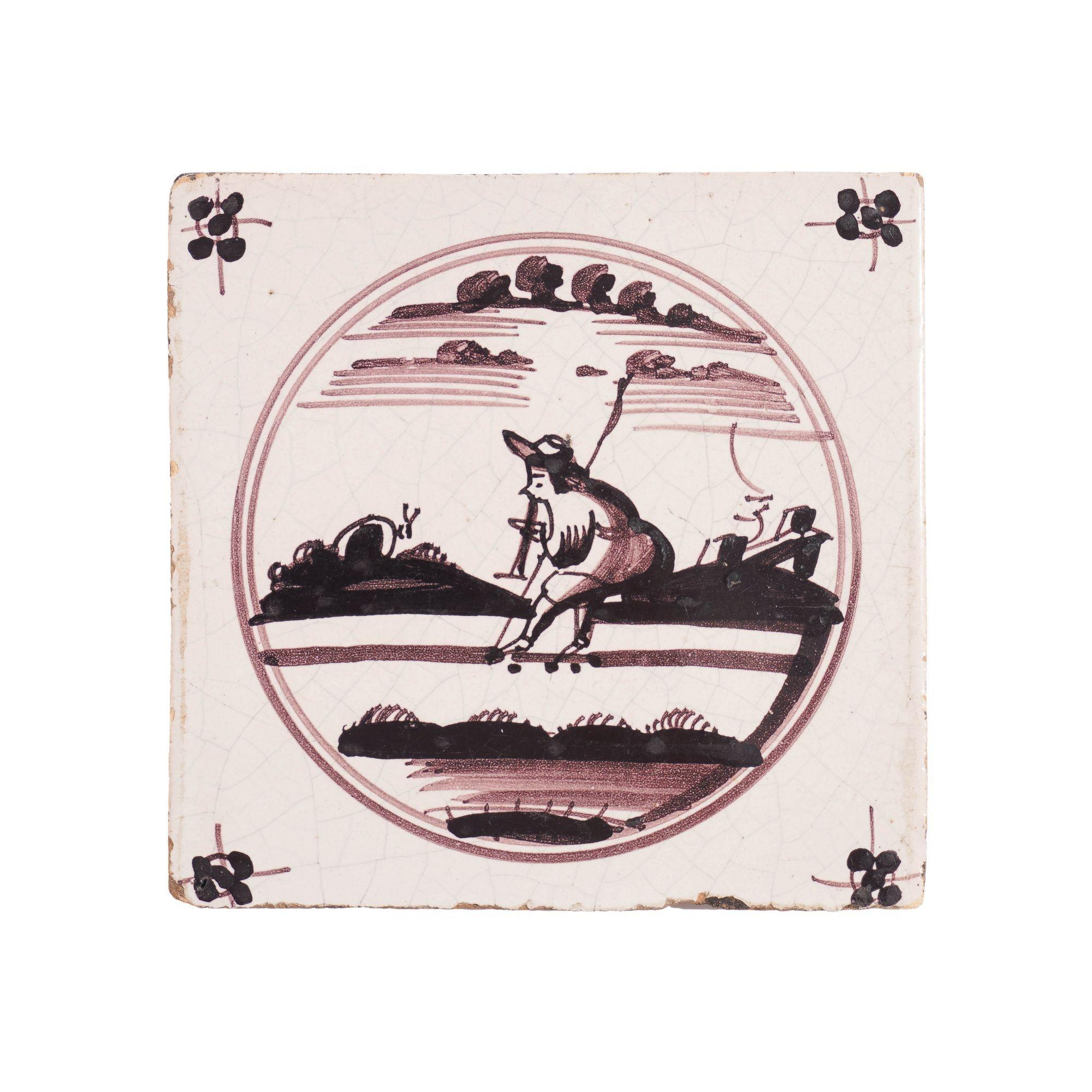 Set of 7 mulberry decorated figural Delft faience tiles, c. 1680-1700 For Sale 1