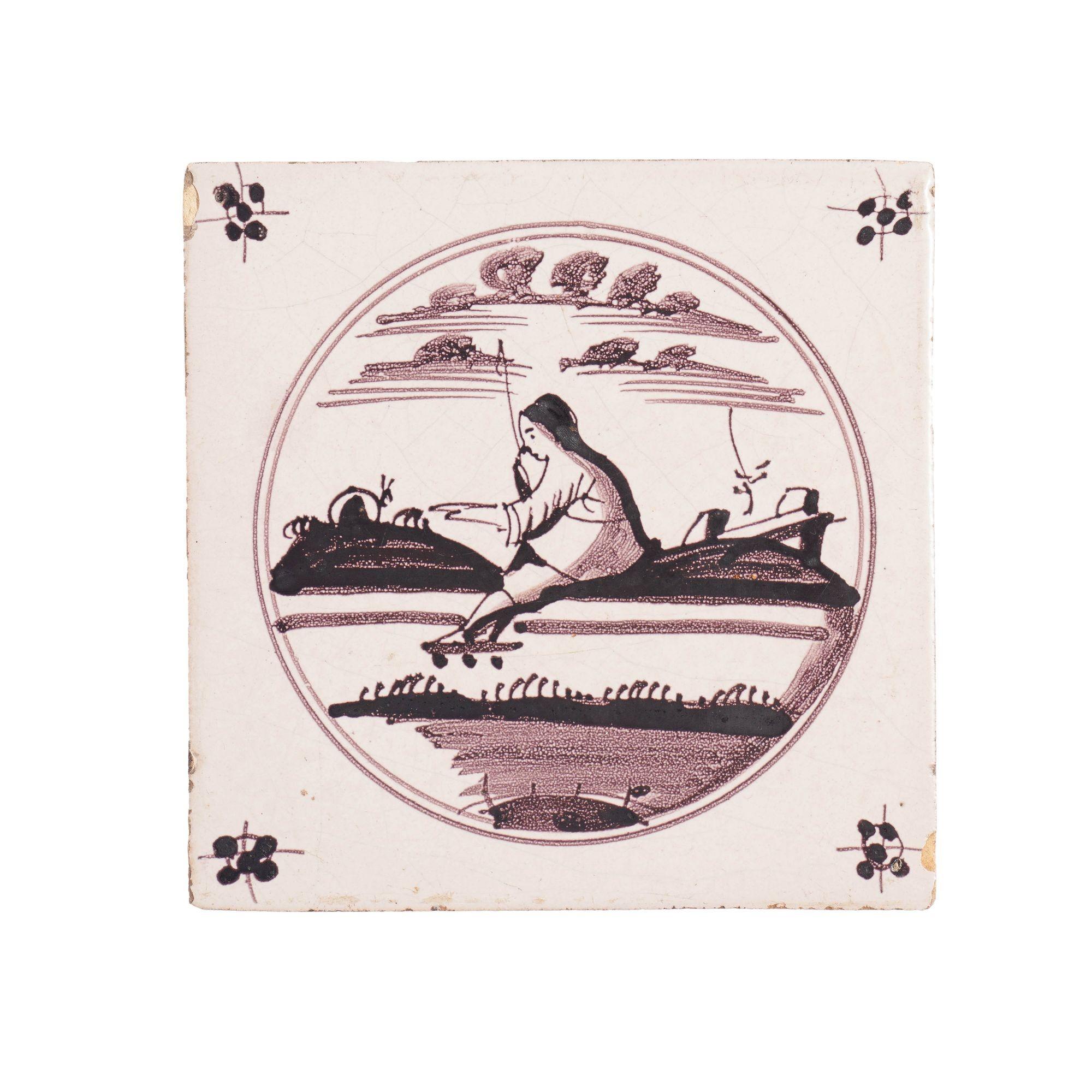 Set of 7 mulberry decorated figural Delft faience tiles, c. 1680-1700 For Sale 3