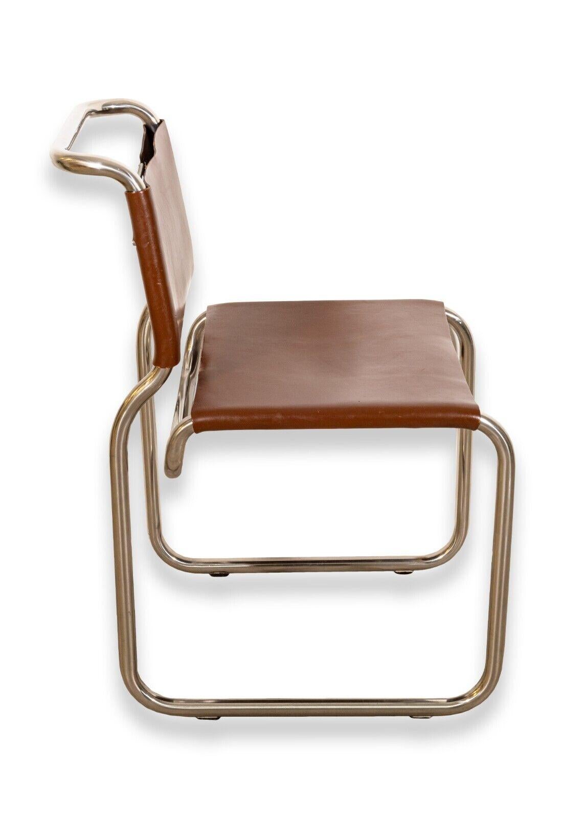 Set of 7 Nicos Zographos CH66 Chrome and Brown Leather Cantilever Dining Chairs In Good Condition In Keego Harbor, MI