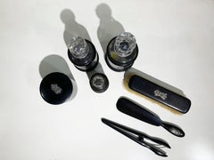 Set of 7-Pieces Antique Vanity Set, in Crystal, Ebony & Silver Monogram