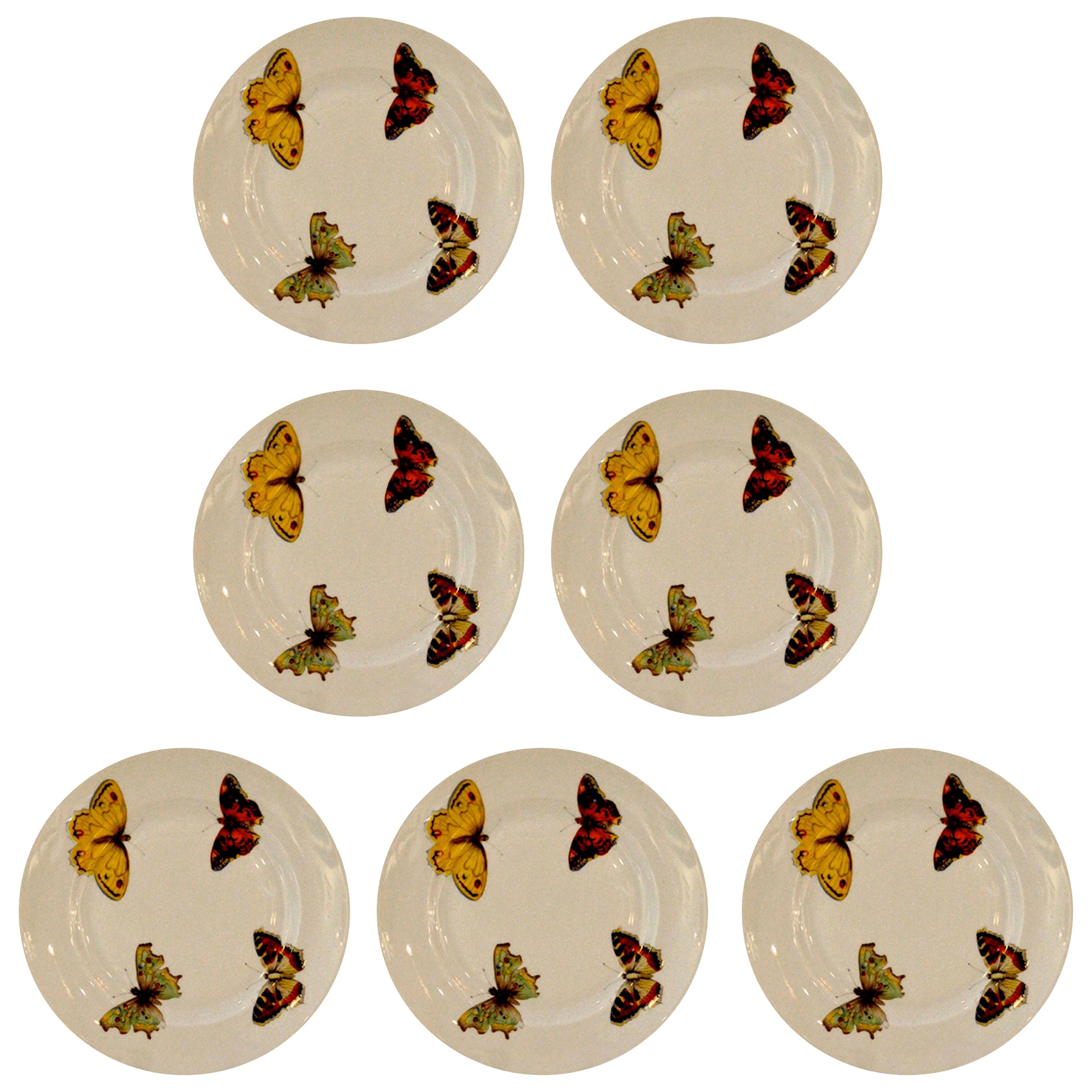 Set of 7 Red Yellow Green Bernardaud Porcelain "Butterfly" Pattern Canape Plates For Sale