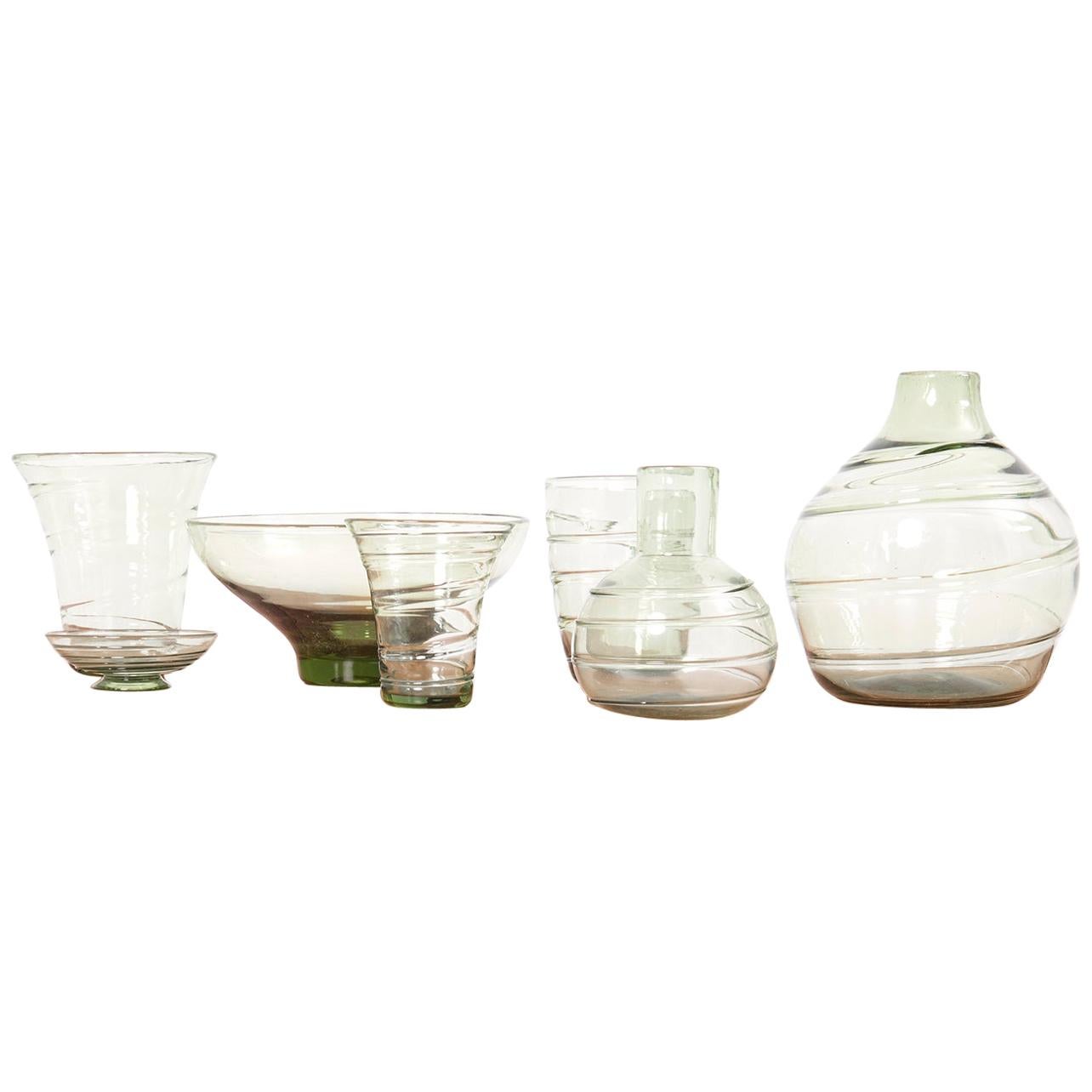 Set of 7 Ribbon-Trailed Glass Vases and Bowls by Barnaby Powell for Whitefriars For Sale