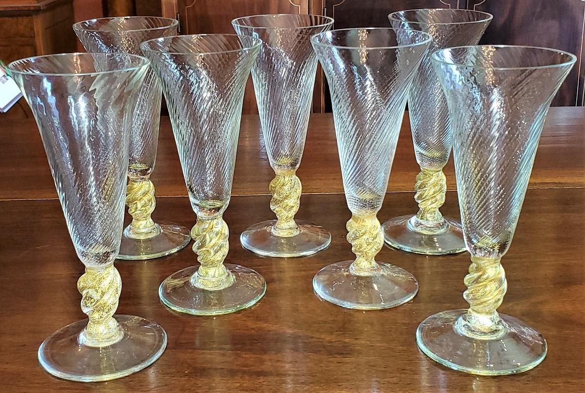 Mid-Century Modern Set of 7 Salviati Venetian Gold Fleck Tall Champagne Flutes