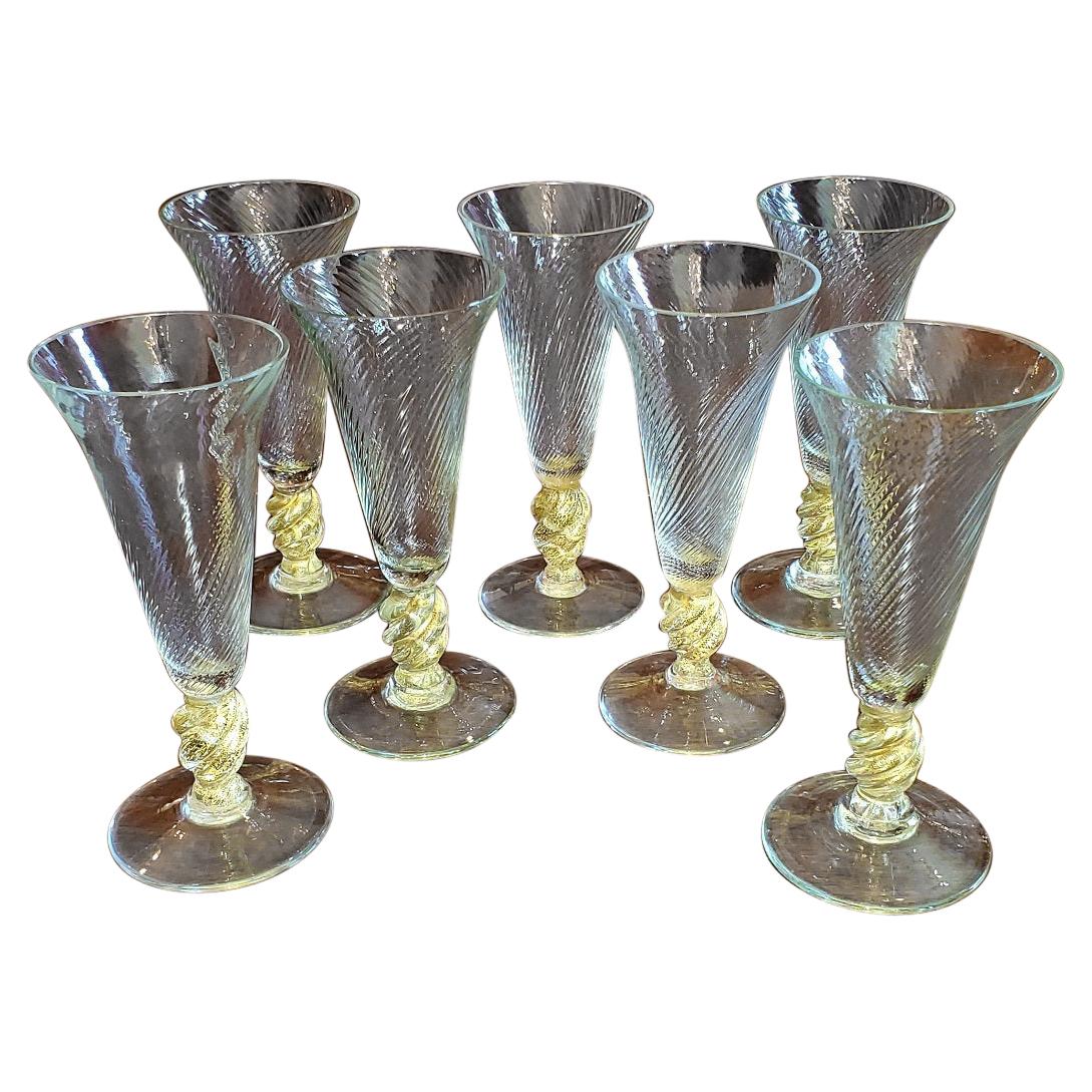 Set of 7 Salviati Venetian Gold Fleck Tall Champagne Flutes