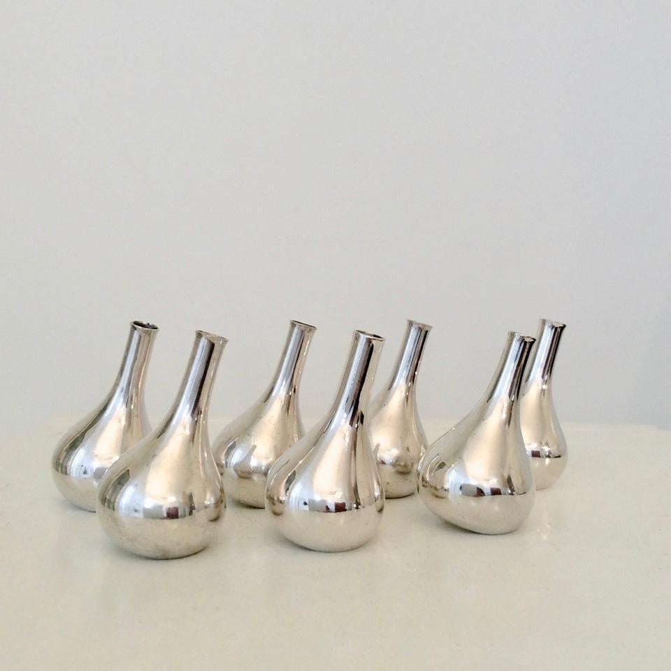Nice set of 7 silver plated tilting candleholders, for Dansk, Denmark, circa 1960.
Designed by Jens Quistgaard.
Labelled underside.
Measures: Height 6 cm, diameter 3.5 cm. Diameter of the hole: 0.7 cm.
Good condition.
 