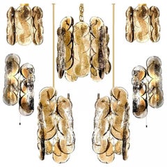 Set of 7 Six-Light Fixtures Kalmar Chandeliers Citrus Swirl Smoked Glass, 1970s