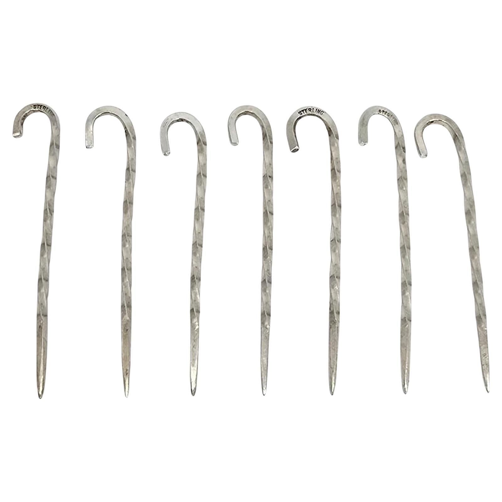 Set of 7 Sterling Silver Twist Cane Cocktail Picks #21581