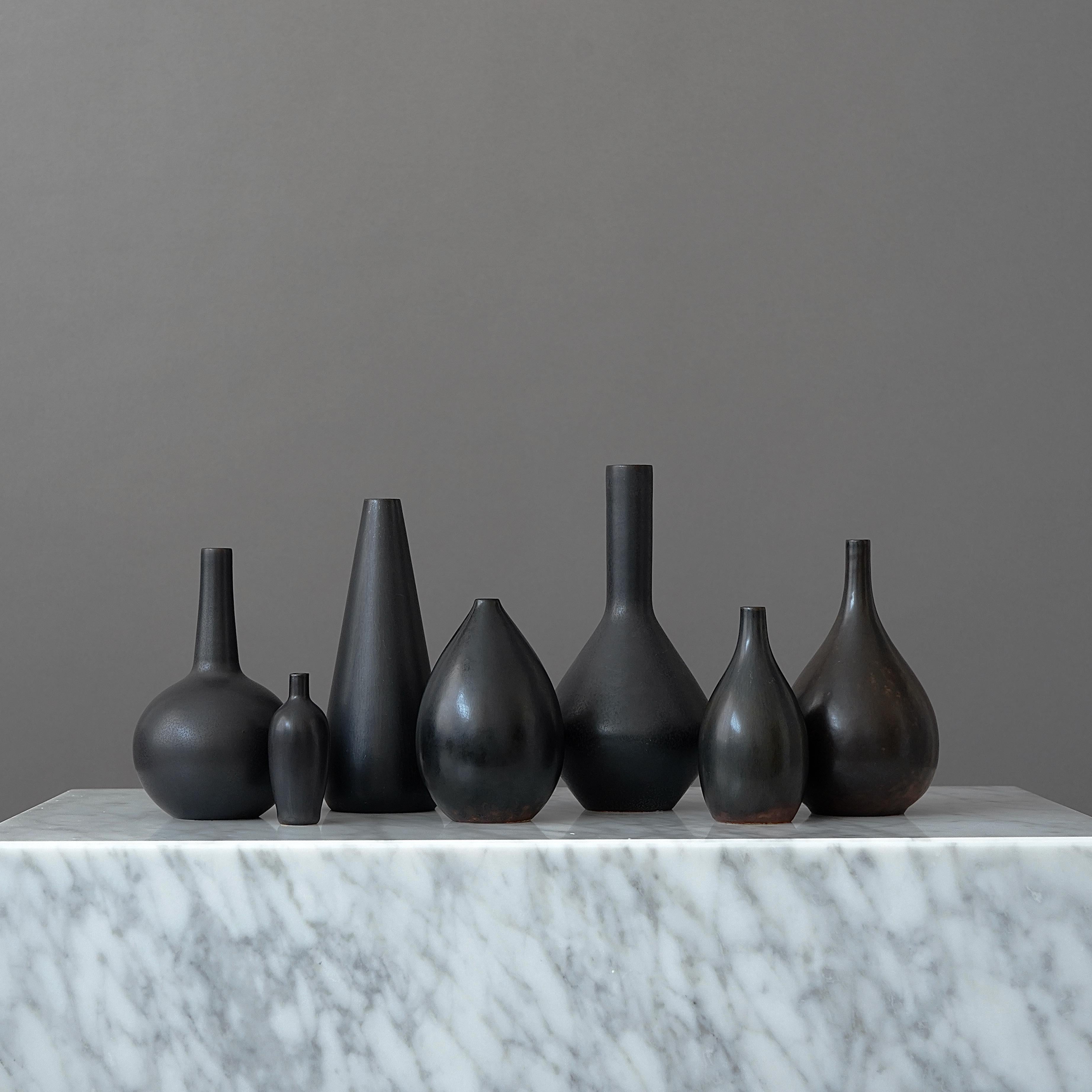 Swedish Set of 7 Black Stoneware Vases by Carl-Harry Stalhane, Rorstrand, Sweden, 1950s For Sale
