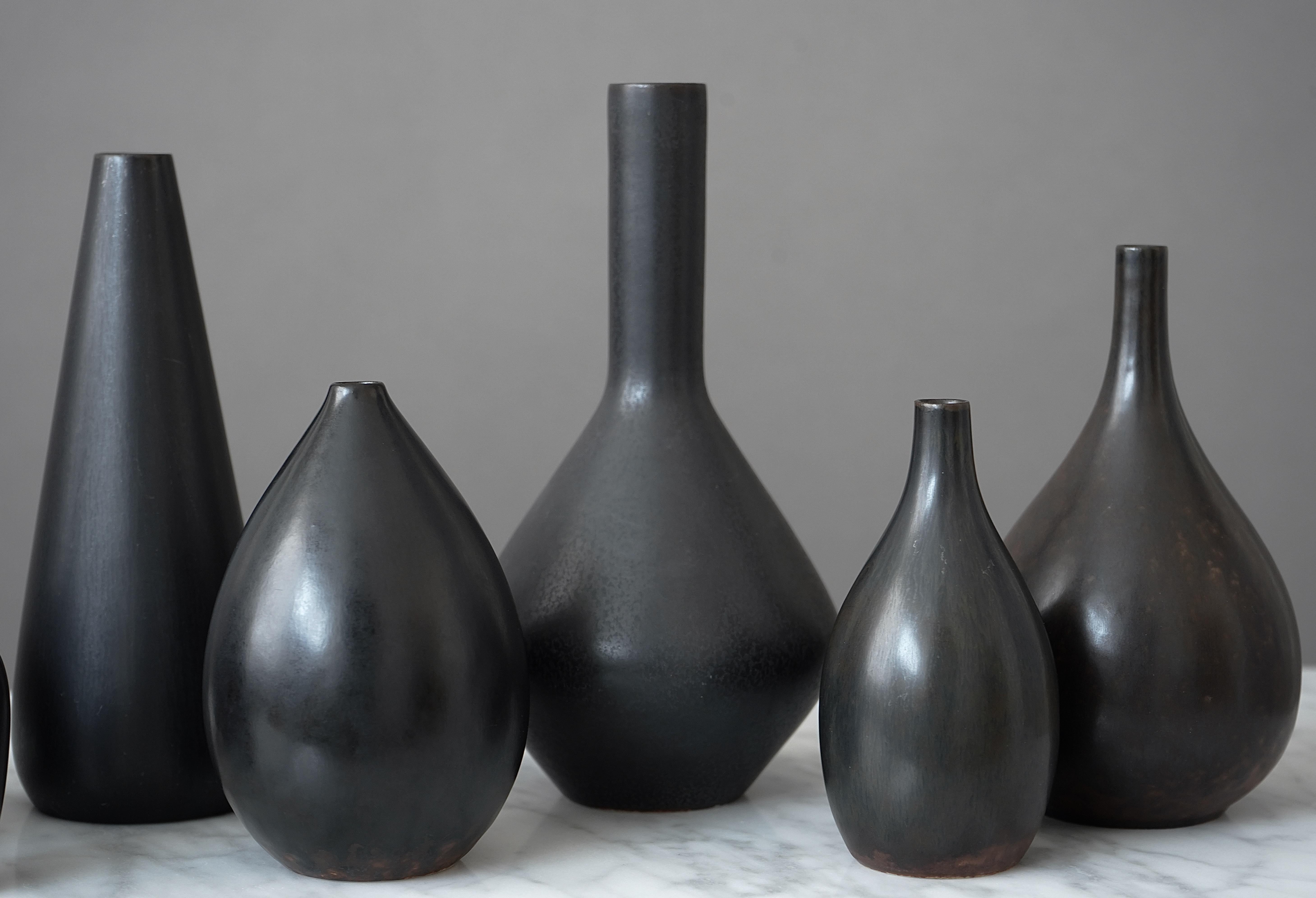 Ceramic Set of 7 Black Stoneware Vases by Carl-Harry Stalhane, Rorstrand, Sweden, 1950s For Sale
