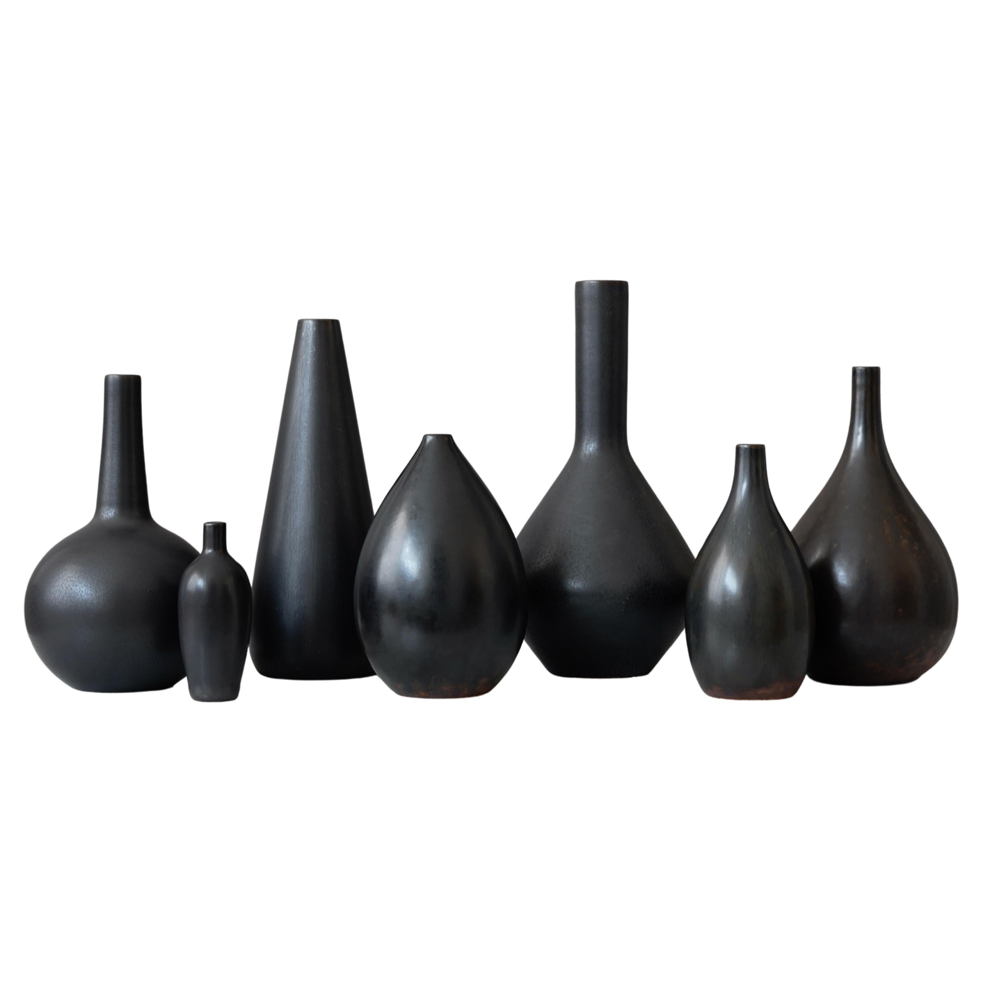 Set of 7 Black Stoneware Vases by Carl-Harry Stalhane, Rorstrand, Sweden, 1950s For Sale