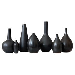Vintage Set of 7 Black Stoneware Vases by Carl-Harry Stalhane, Rorstrand, Sweden, 1950s