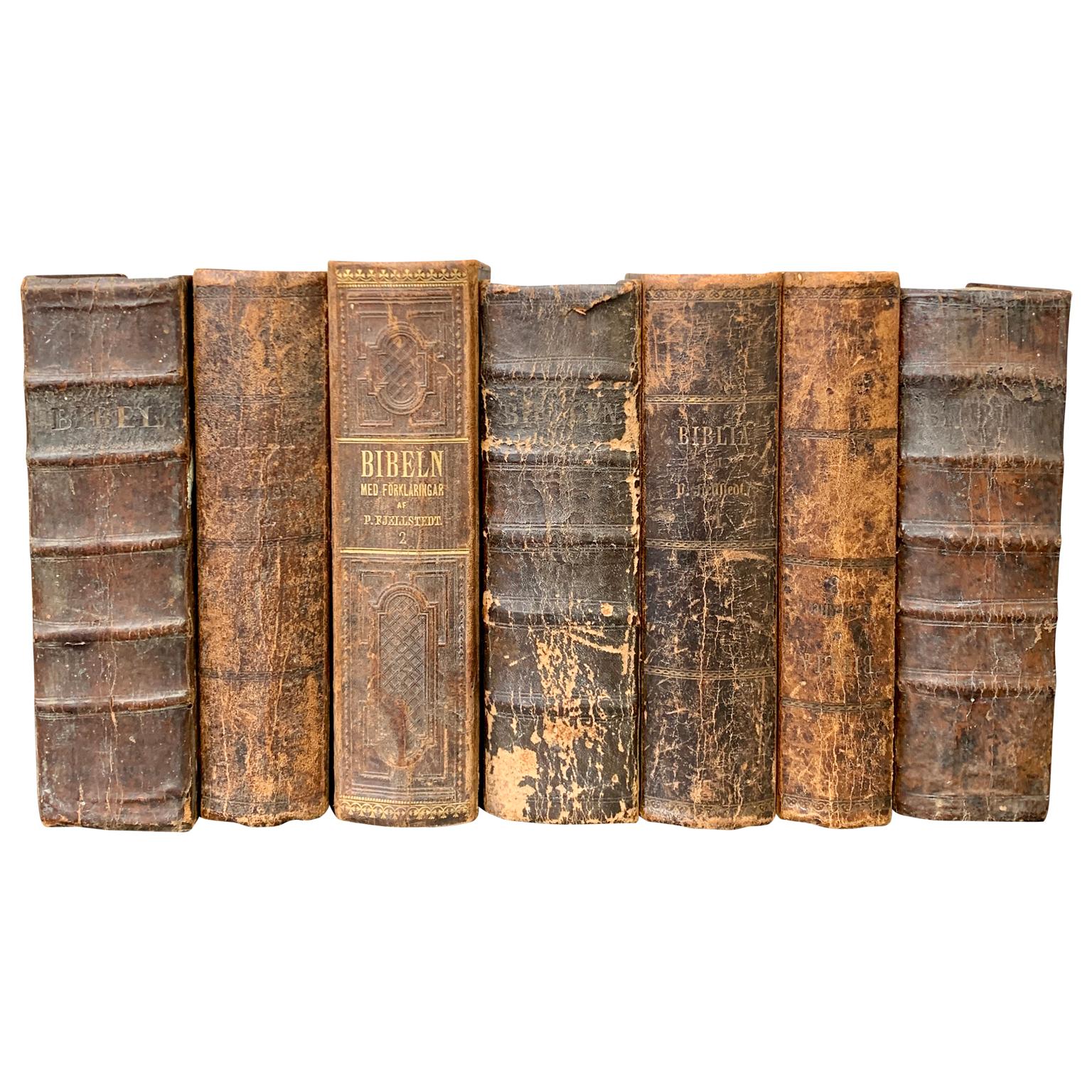 A collection of 7 Swedish decorative antique leather-bound bibles dating from 1850 to 1890. The books are wrapped in leather-bound covers. 
This set of religious books measures horizontally 42 cm, approximate 16,53 inches in width the height is 24
