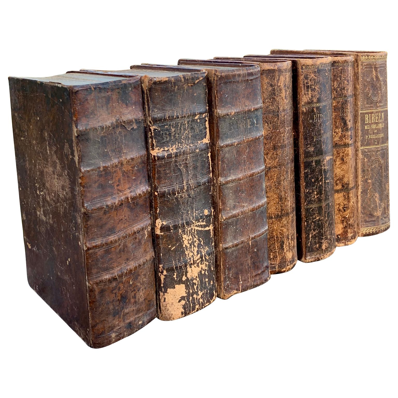 British Colonial Set of 7 Swedish 19th Century Leather-Bound Bible Books