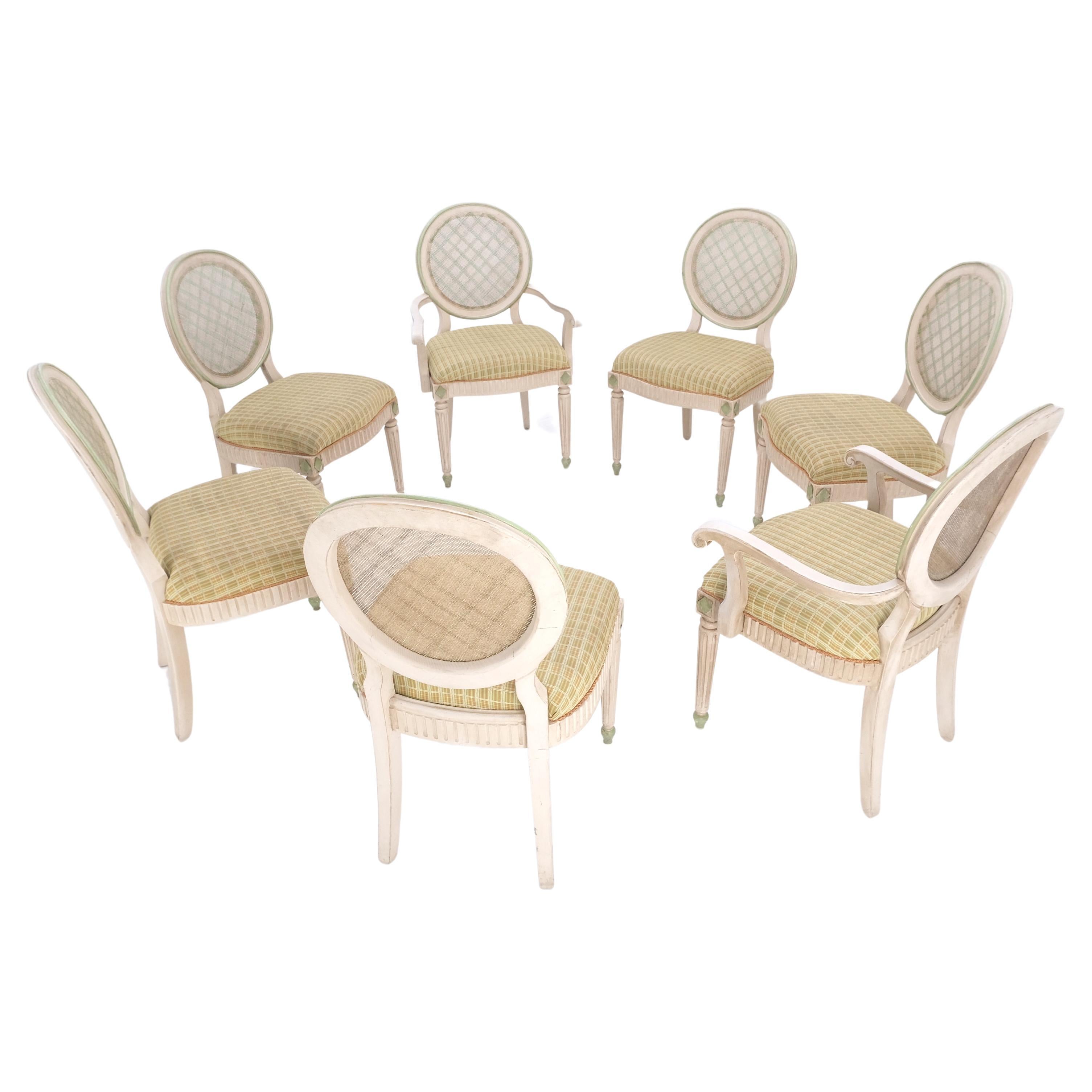 Set of 7 Swedish White Wash Paint Decorated Oval Cane Backs Fluted Legs Dining Chairs NICE!