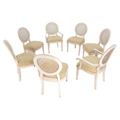 Set of 7 Swedish White Wash Paint Decorated Oval Cane Backs Dining Chairs NICE!