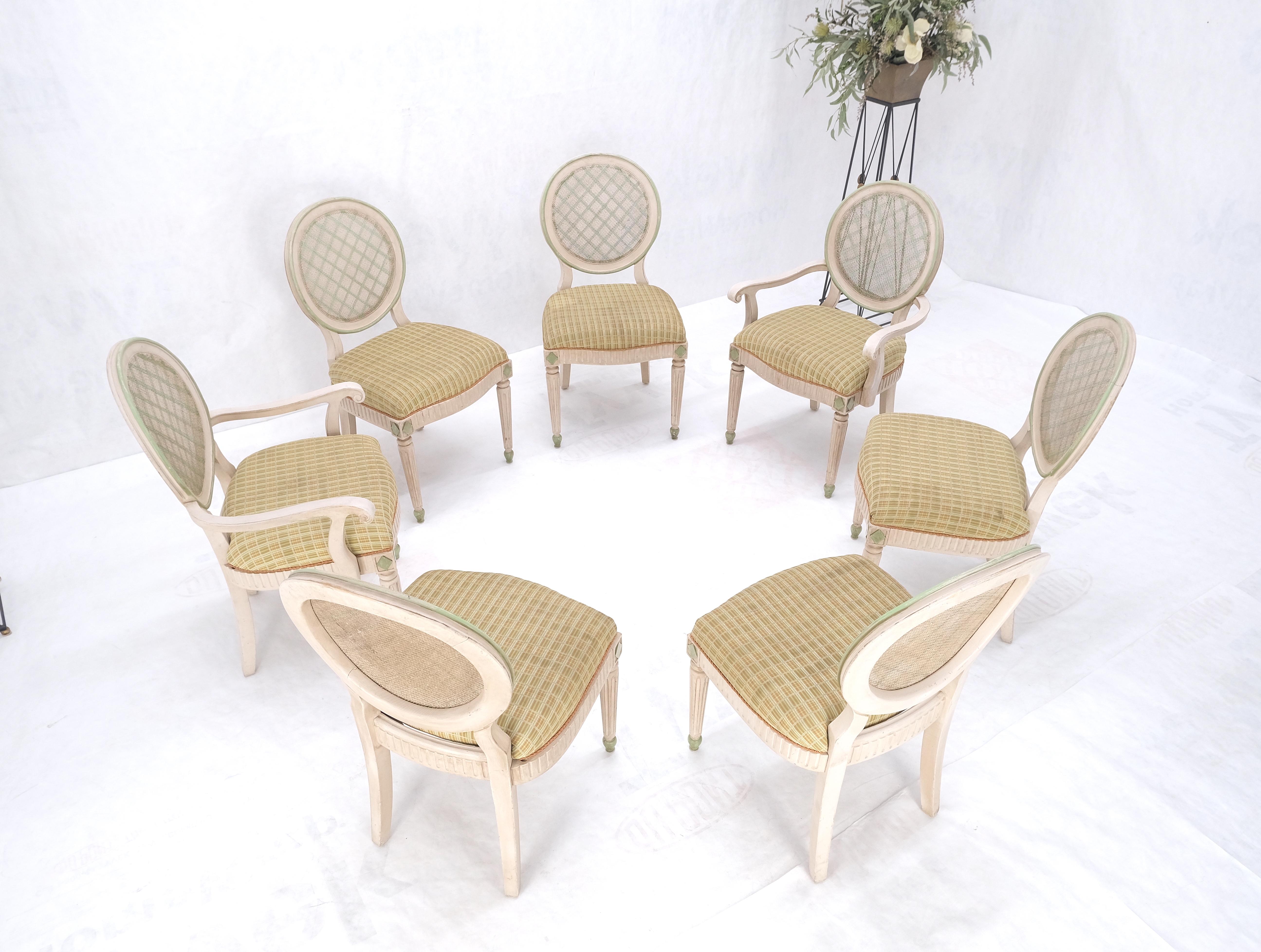 Hand-Painted Set of 7 Swedish White Wash Paint Decorated Oval Cane Backs Dining Chairs NICE! For Sale