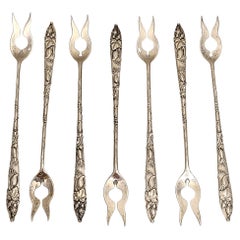 Antique Set of 7 Tiffany & Co Squash Vine Sterling Silver Oyster Forks