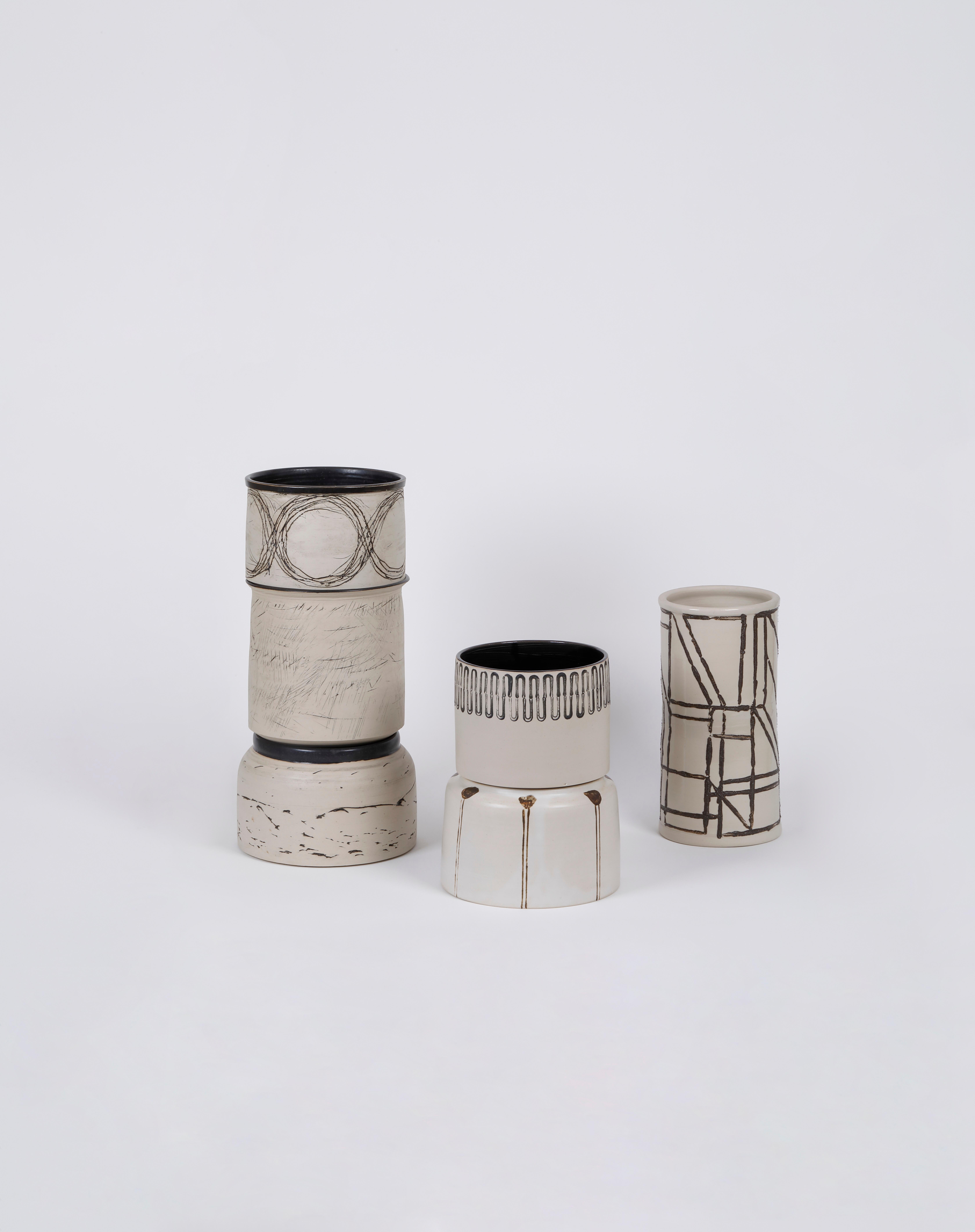 Glazed 7 black & white ceramic vases, XXIe, France For Sale