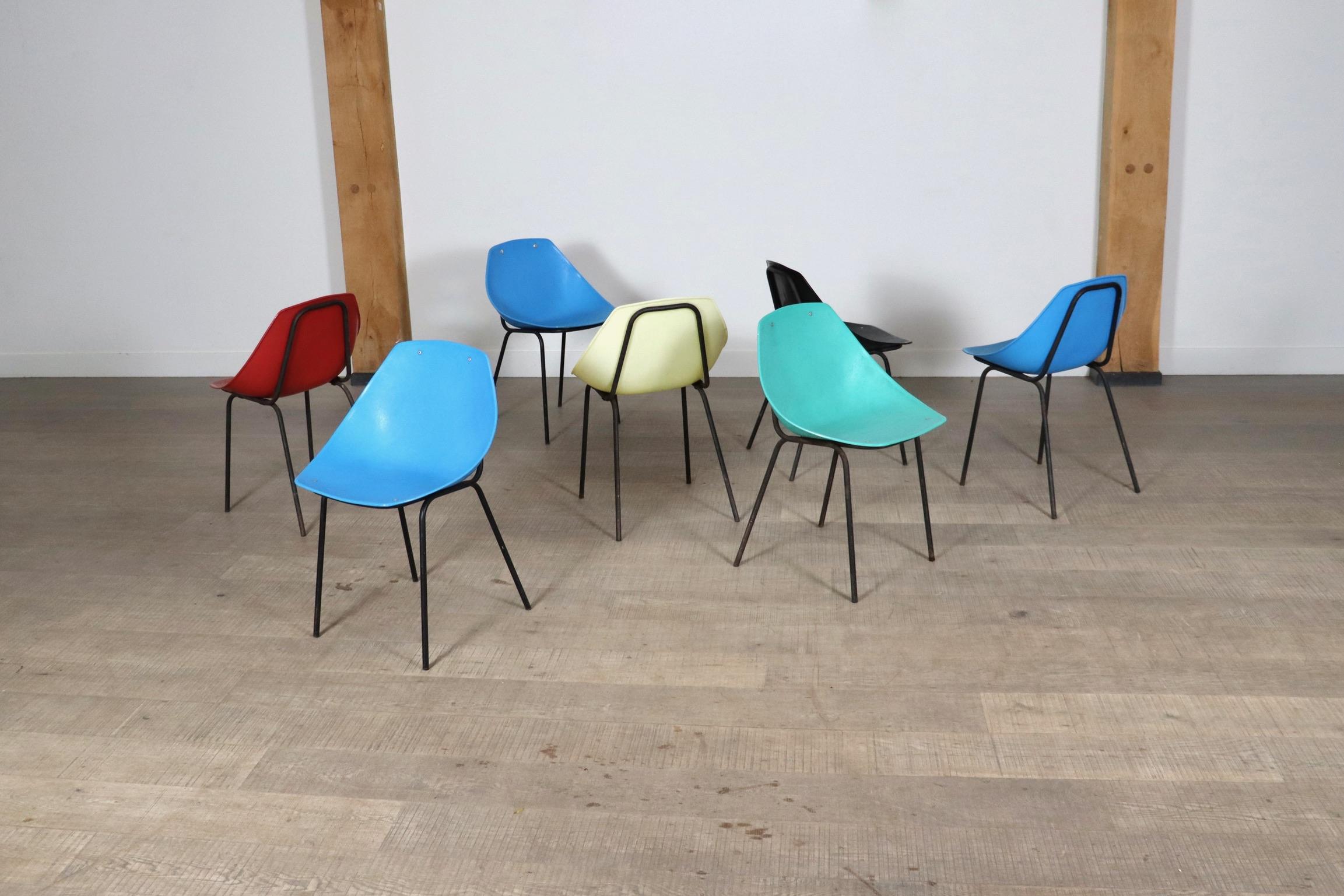 Steel Set Of 7 Vintage Coquillage Chairs By Pierre Guariche For Meurop, 1960s For Sale
