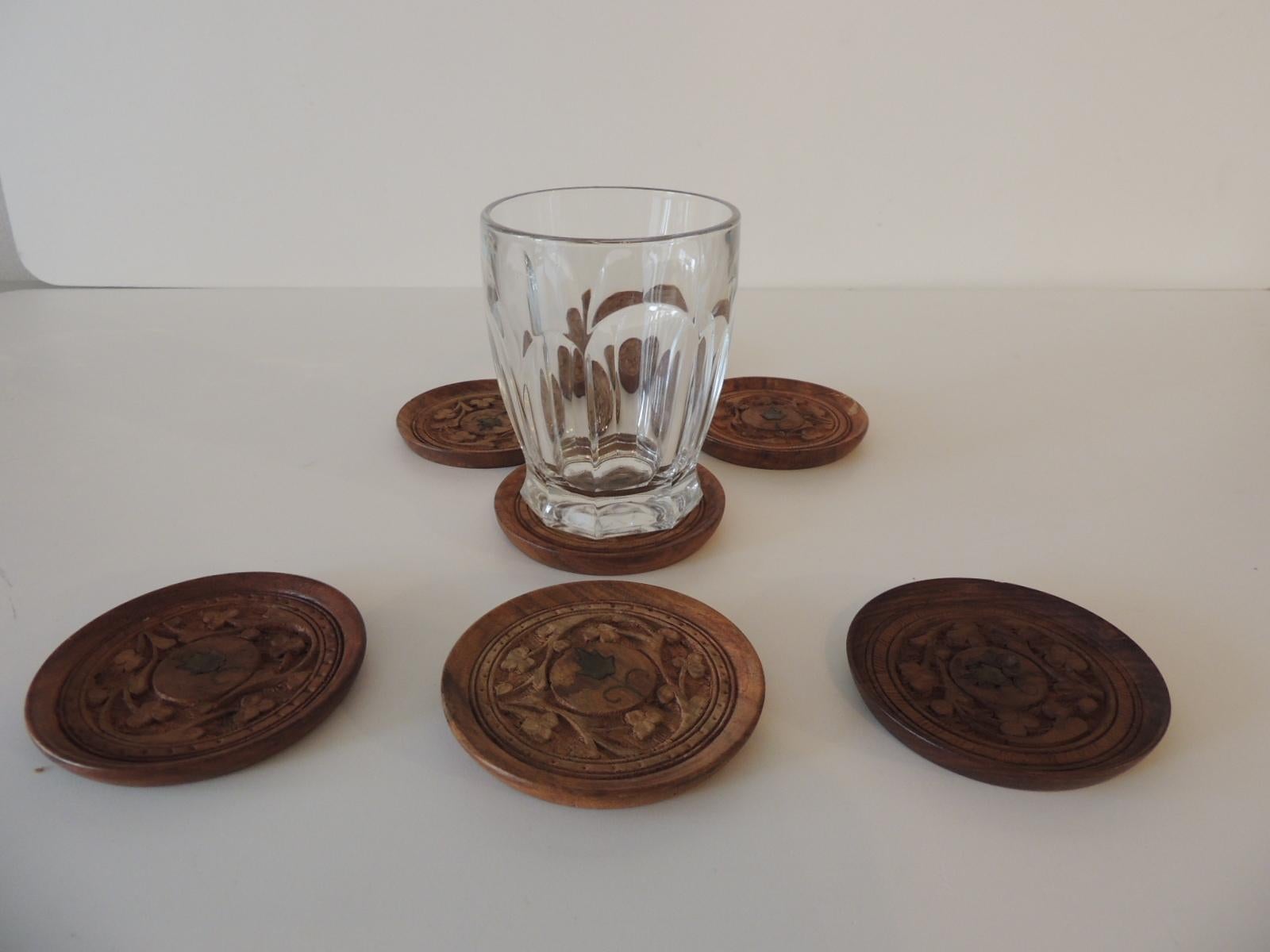 Moorish Set of '7' Vintage Hand Carved Round Indian Coasters