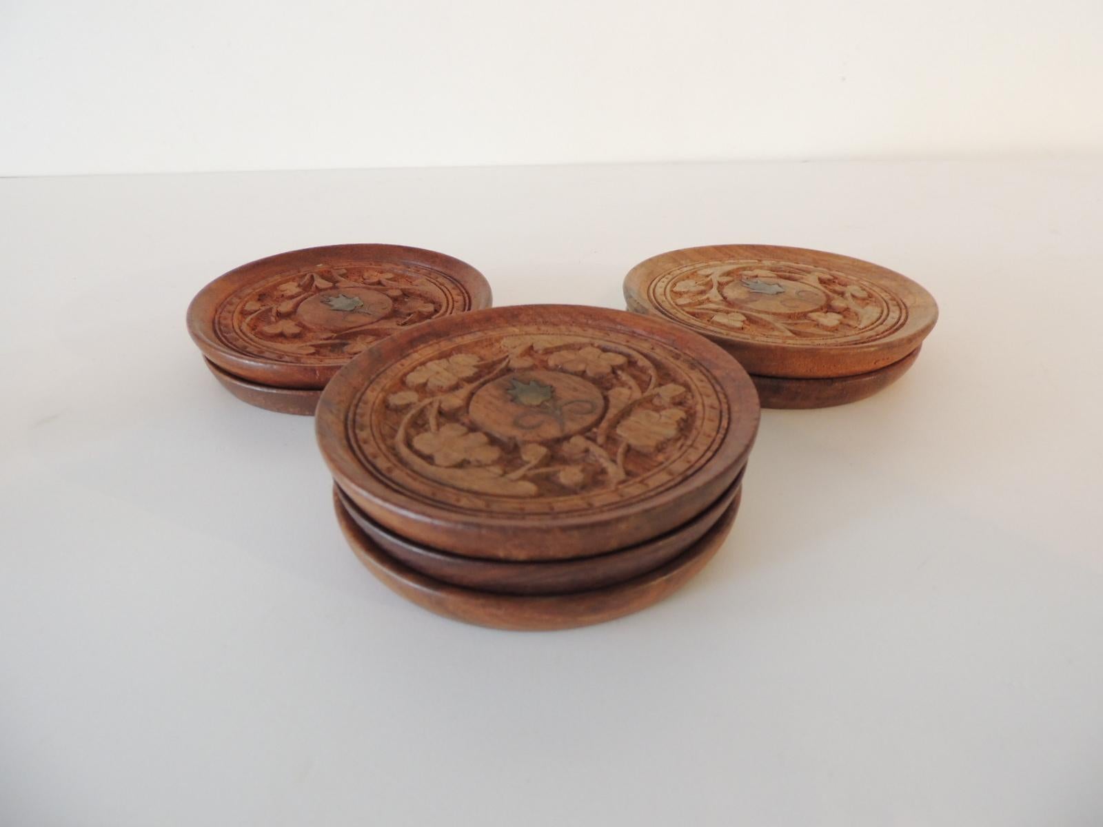 Hand-Crafted Set of '7' Vintage Hand Carved Round Indian Coasters