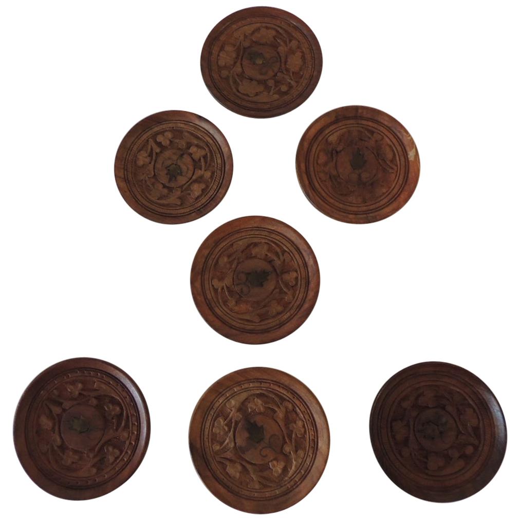 Set of '7' Vintage Hand Carved Round Indian Coasters