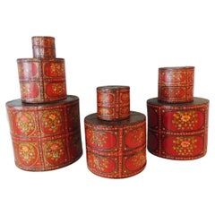 Set of '7' Vintage Red and Orange Hand Painted Nesting Canisters