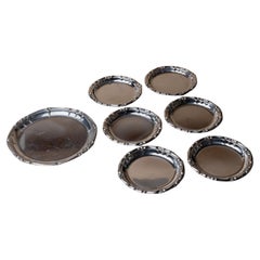 Set of 7 Vintage Stainless Steel Coasters - 6 Glass, 1 Bottle Coaster, 1980s
