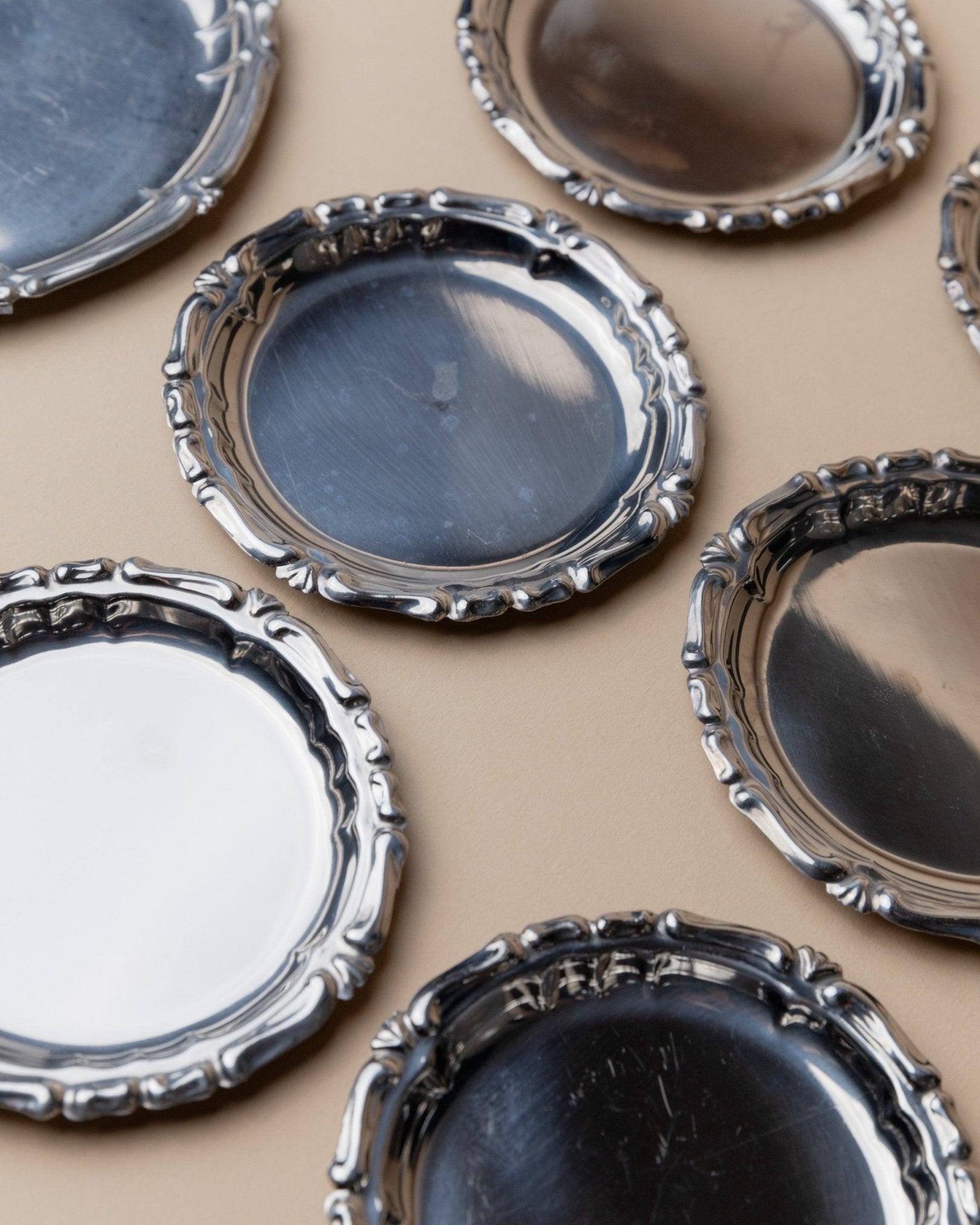 Juego de 7 posavasos vintage de acero inoxidable - 6 posavasos de cristal, 1 posavasos de botella, años 80 Acero inoxidable en venta