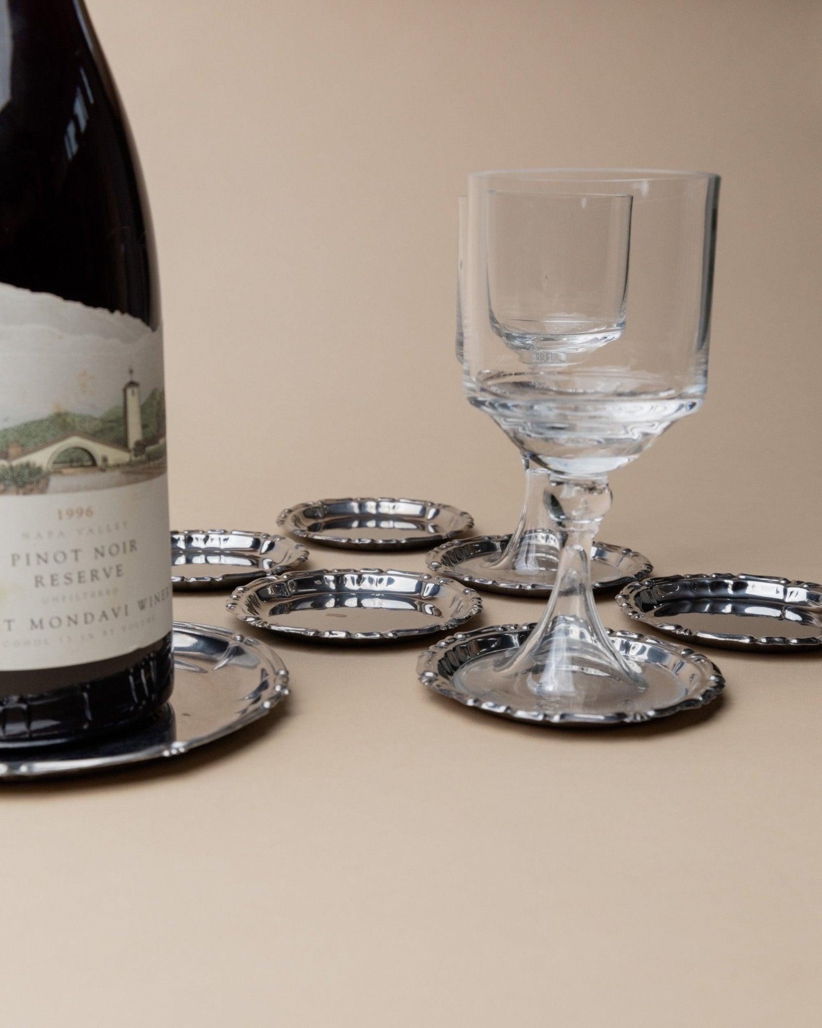 Juego de 7 posavasos vintage de acero inoxidable - 6 posavasos de cristal, 1 posavasos de botella, años 80 en venta 2