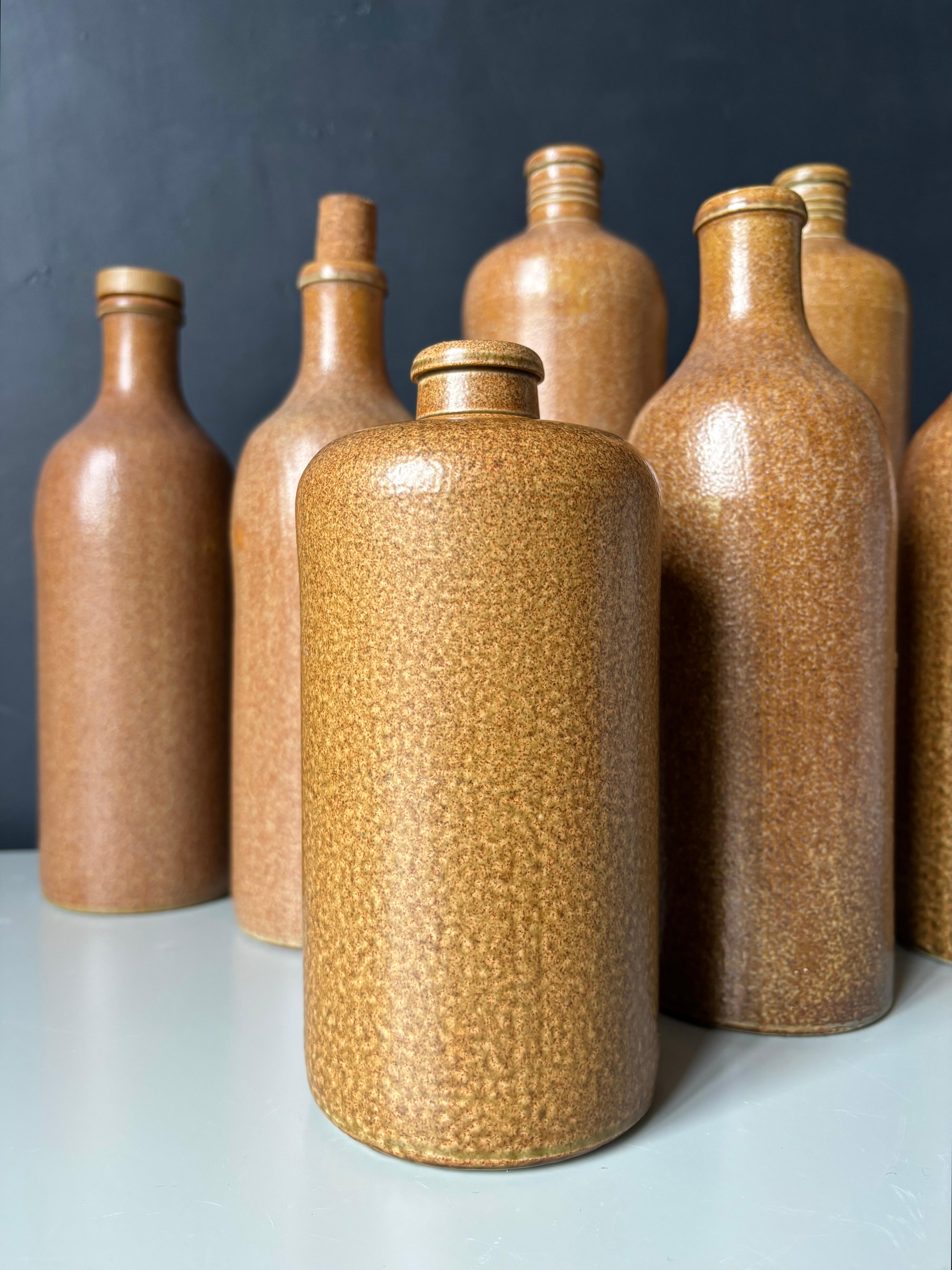 Mid-Century moderno Set di 7 vasi a bottiglia d'epoca in gres smaltato al sale in vendita