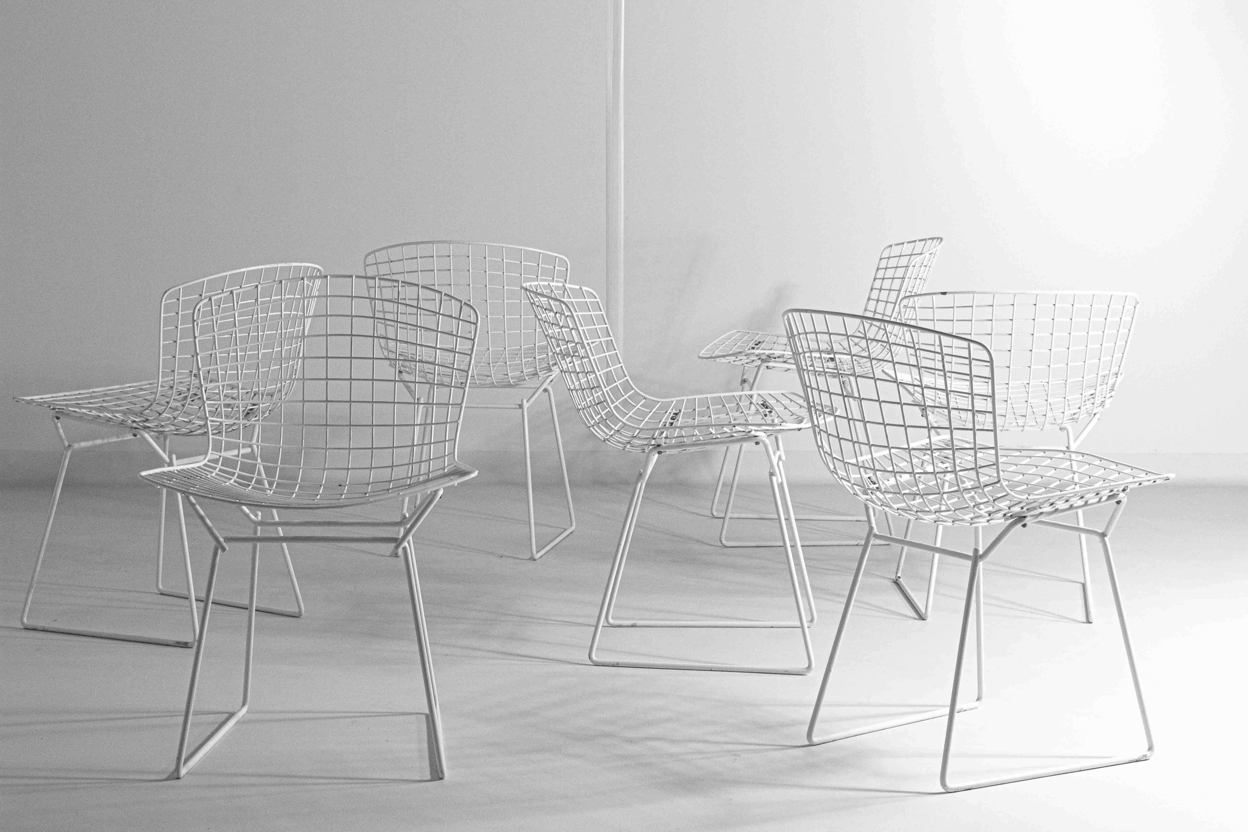 Satz von 7 weiß beschichteten Drahtstühlen von Harry Bertoia für Knoll, 1970er Jahre im Angebot 3