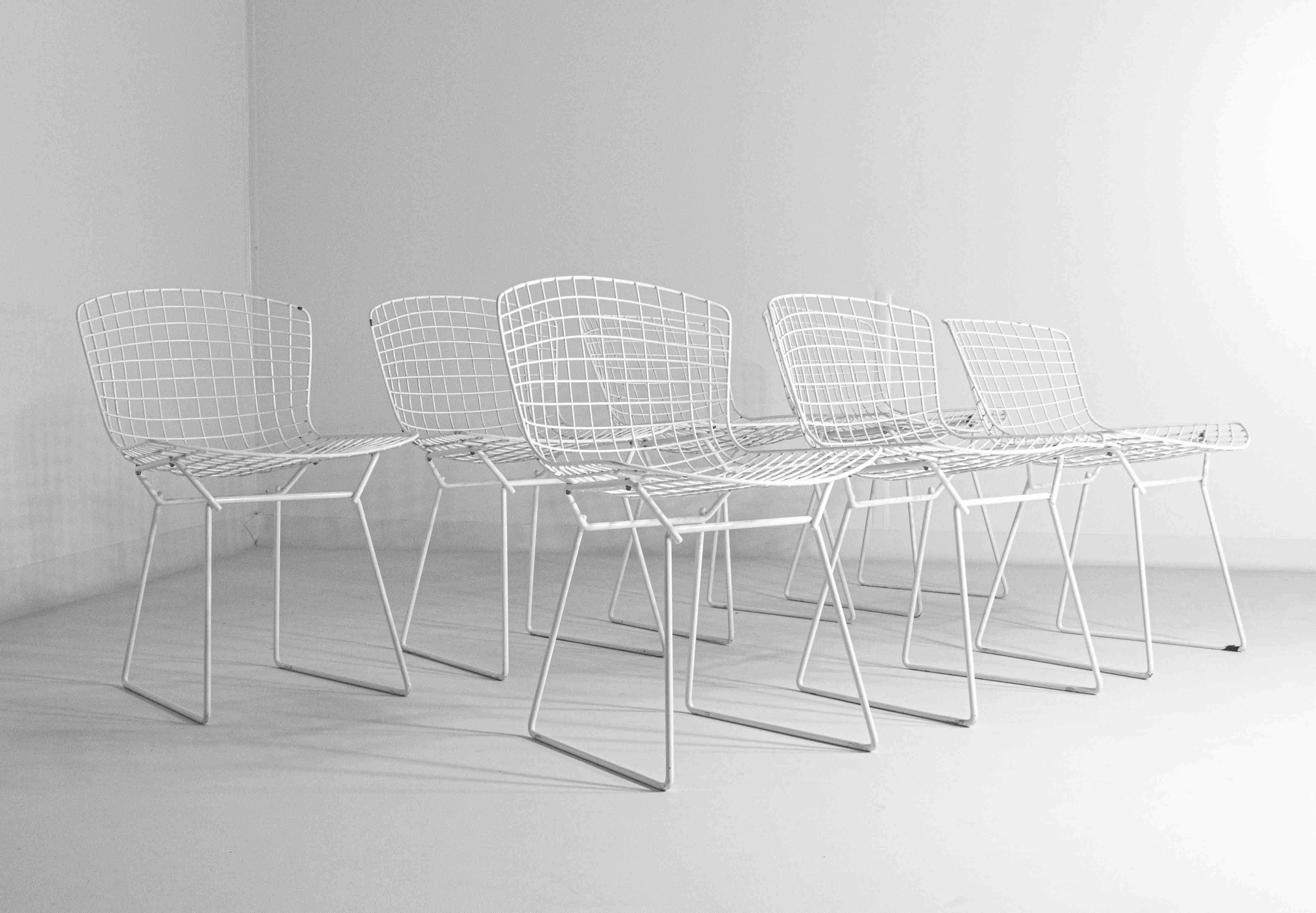 Satz von 7 weiß beschichteten Drahtstühlen von Harry Bertoia für Knoll, 1970er Jahre (Ende des 20. Jahrhunderts) im Angebot