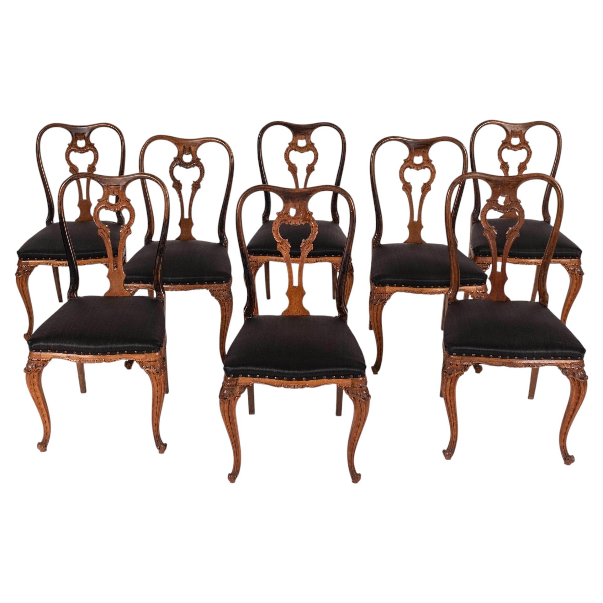 Set of 8 18th Century Dutch Rococo Walnut Dining Chairs