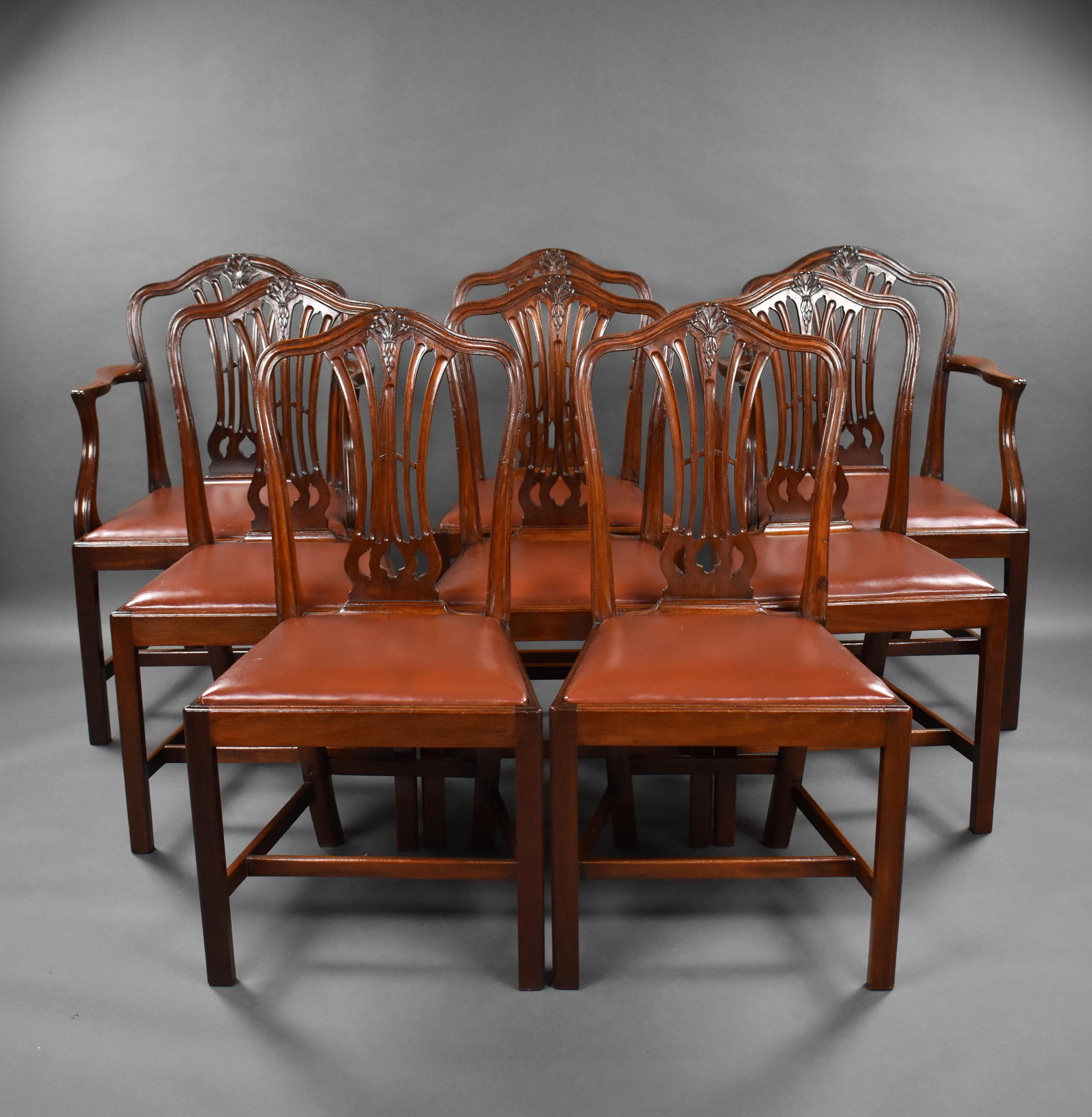 A good quality set of 8 George III mahogany dining chairs, remaining in good condition having been fully restored.

Measures: Single chairs = Width: 51cm depth: 51cm height: 92cm
Carver chairs = Width: 58cm depth: 55cm height: 92cm.